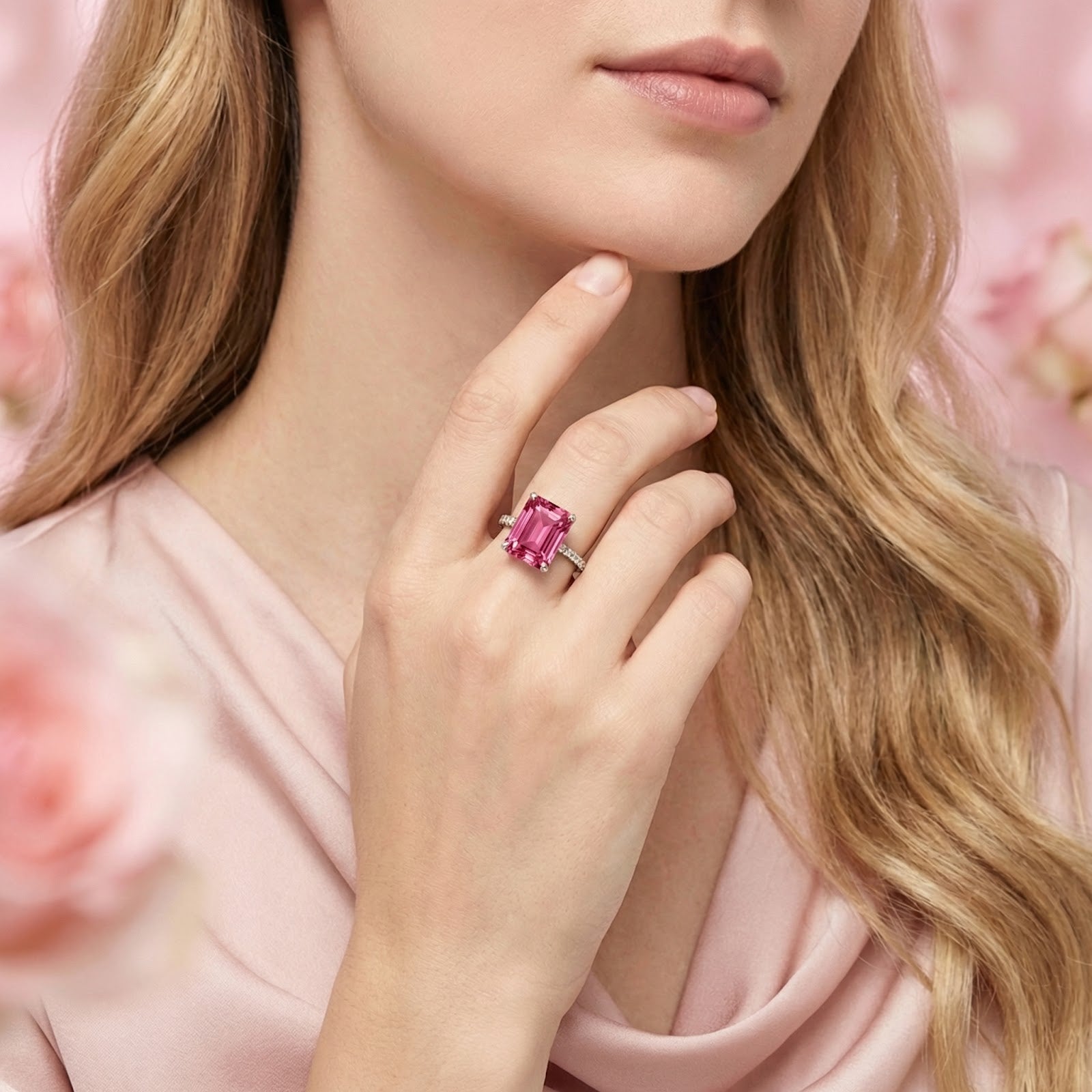 Model wearing the radiant cut pink tourmaline silver ring with a pink silk dress.