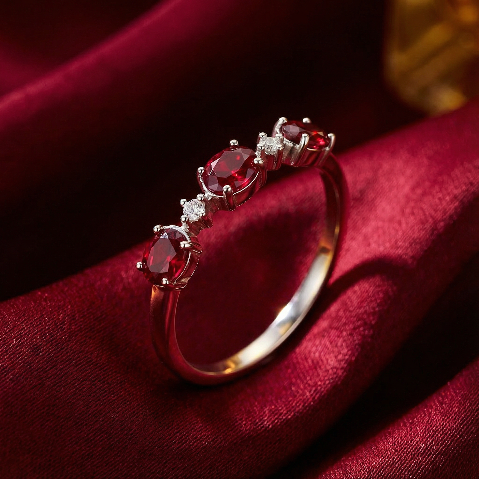 Angled view of the Thalaraea sterling silver ring with round-cut simulated rubies on red satin.