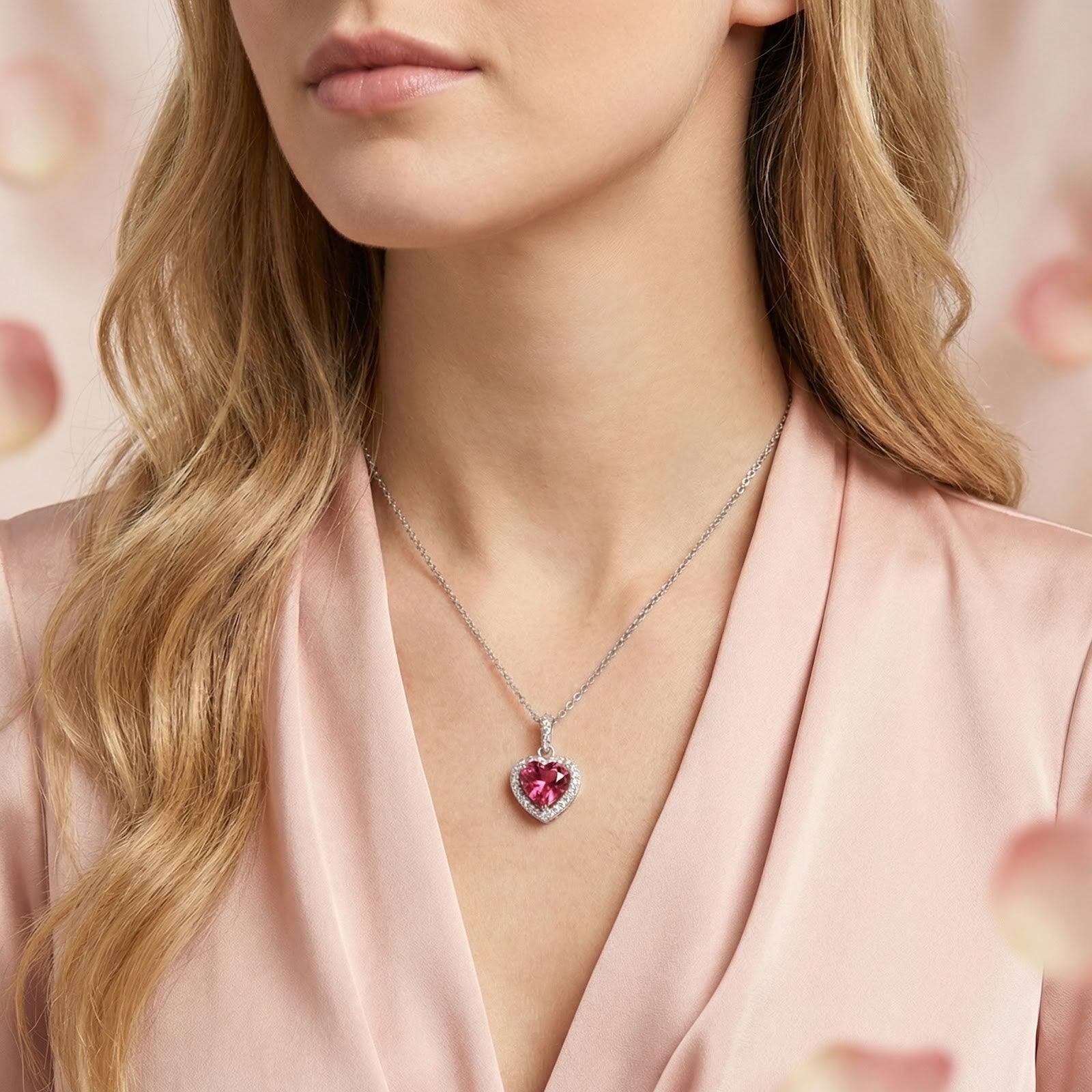 Front view of a woman wearing the Valentis Heart necklace in sterling silver with a heart-cut pink tourmaline.