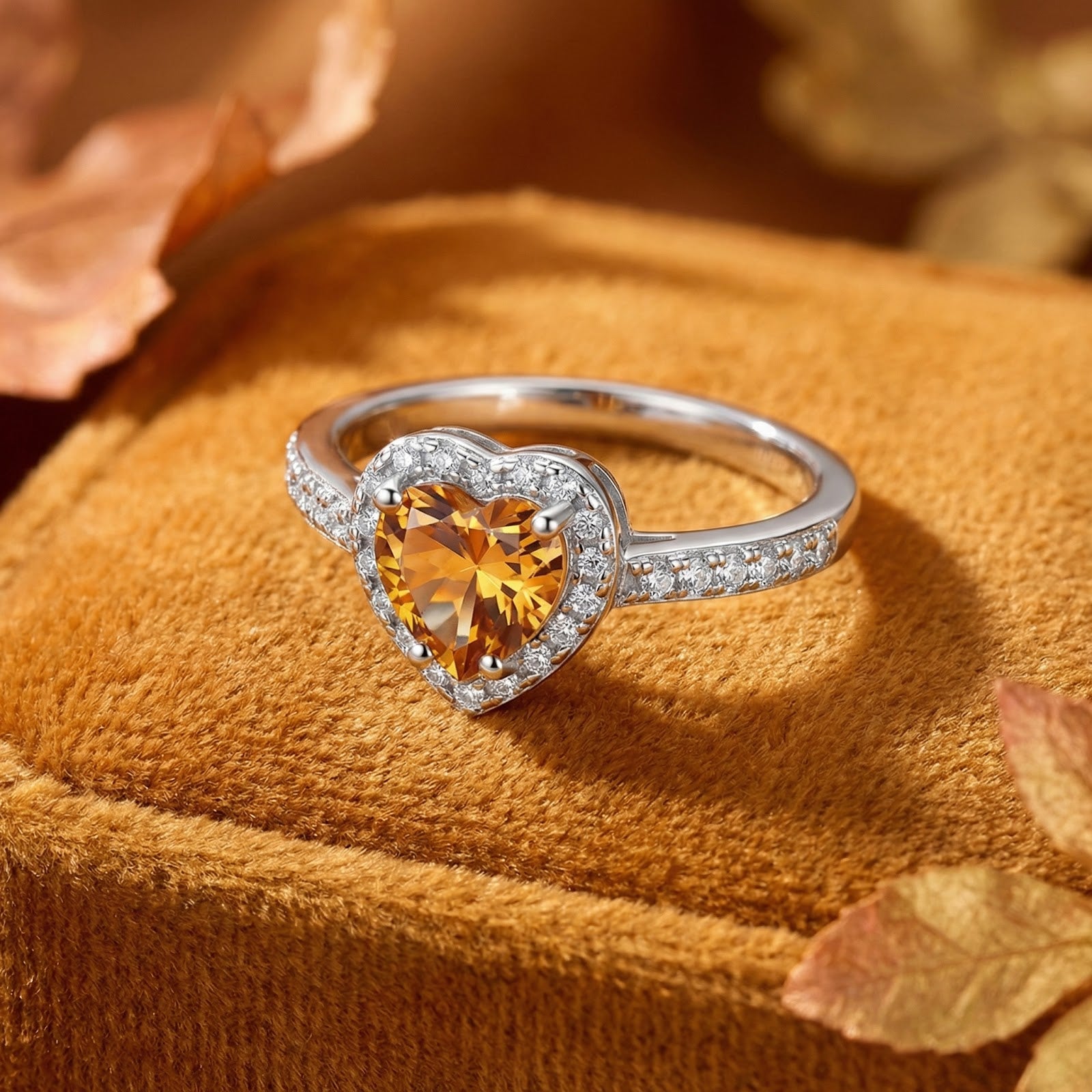 Side profile of the S925 sterling silver heart halo ring with a golden simulated topaz stone on velvet.
