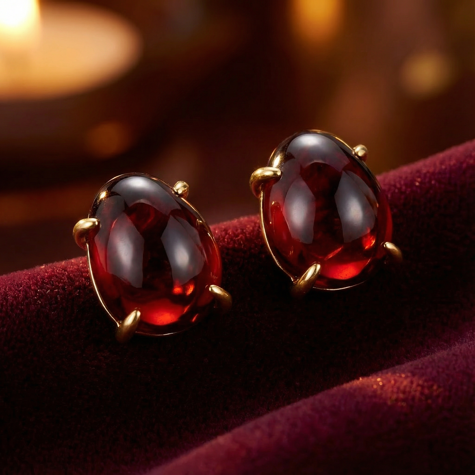 Angled view of Seraphine 18K gold vermeil studs with oval simulated garnet stones on plush red velvet.