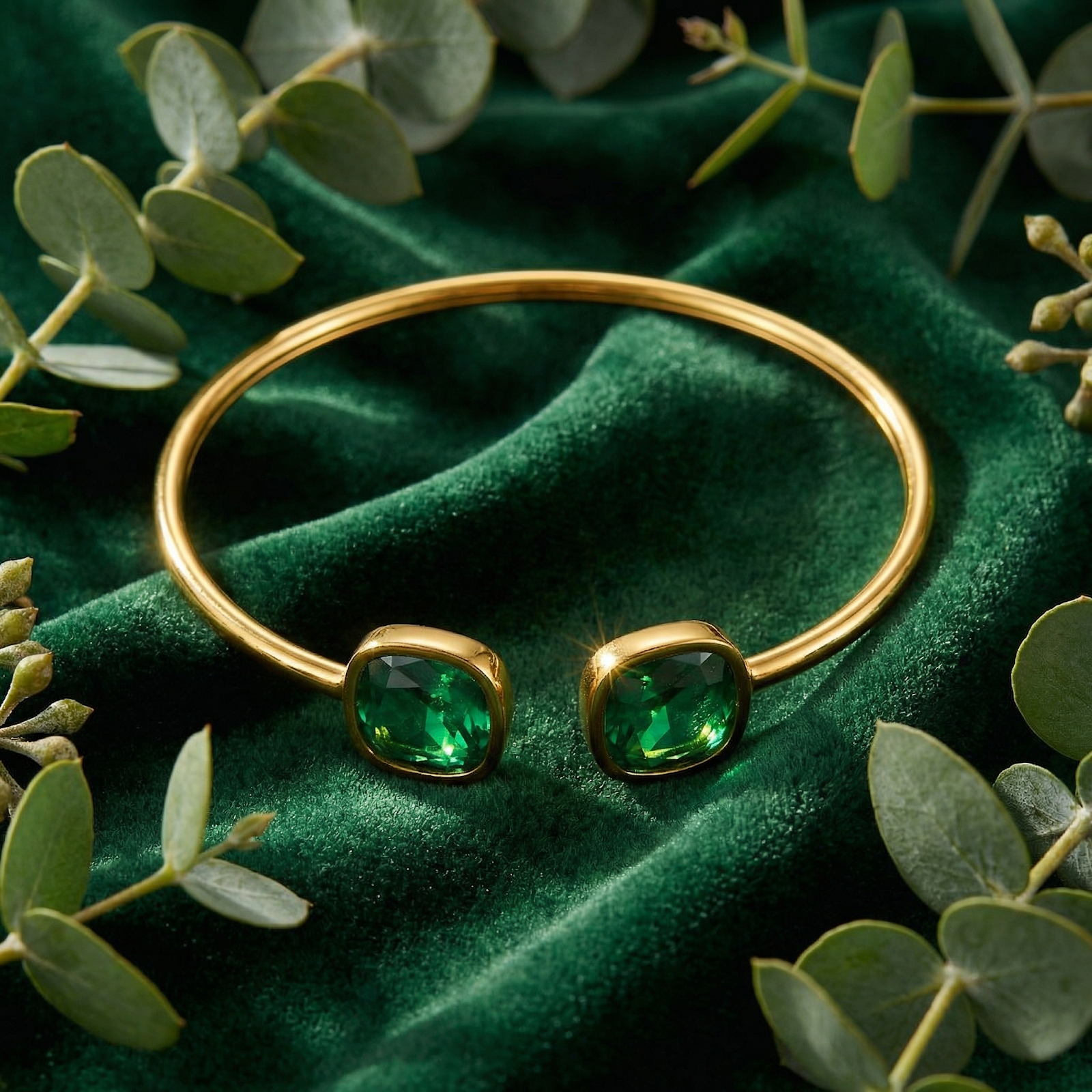 Gold finish stainless steel bypass cuff bracelet with cushion cut simulated emeralds on green velvet fabric.