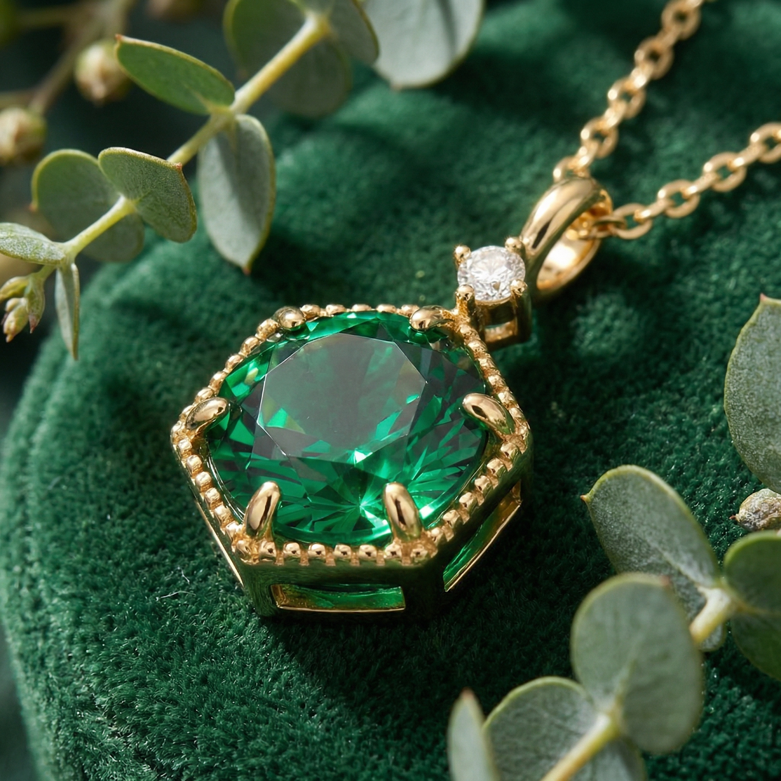 Macro shot of a round simulated emerald pendant in a gold vermeil hexagonal setting with a small accent stone.