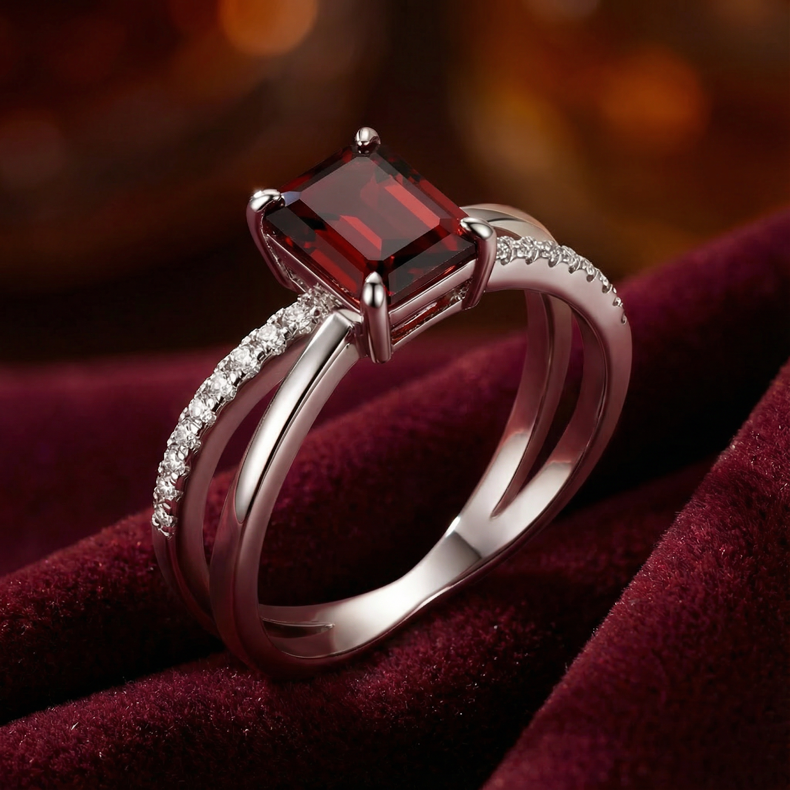 Side profile of the S925 sterling silver Isolt twist ring with an emerald cut red garnet on velvet.