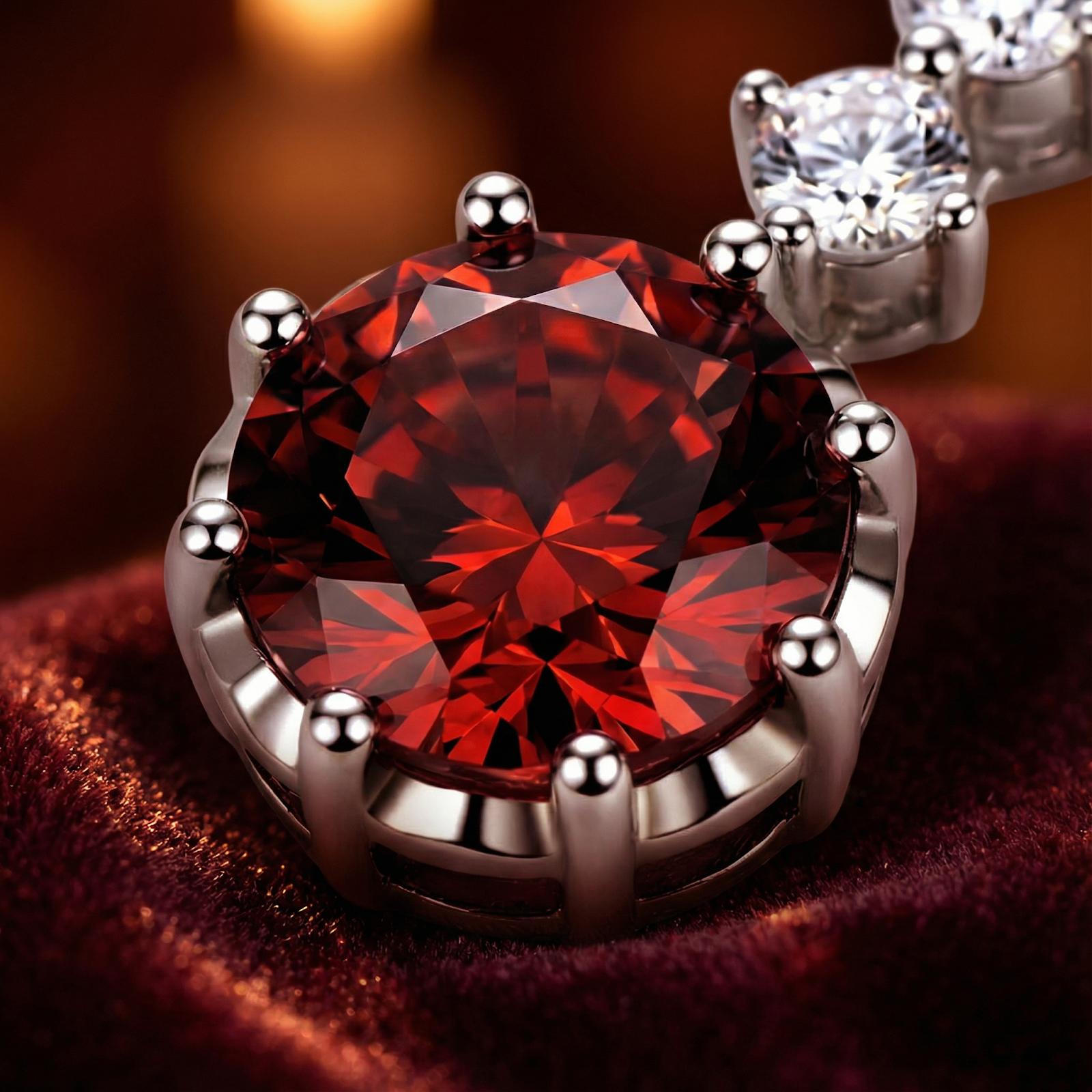 Macro detail of a round precision-cut red garnet in a silver prong setting on a textured red surface.