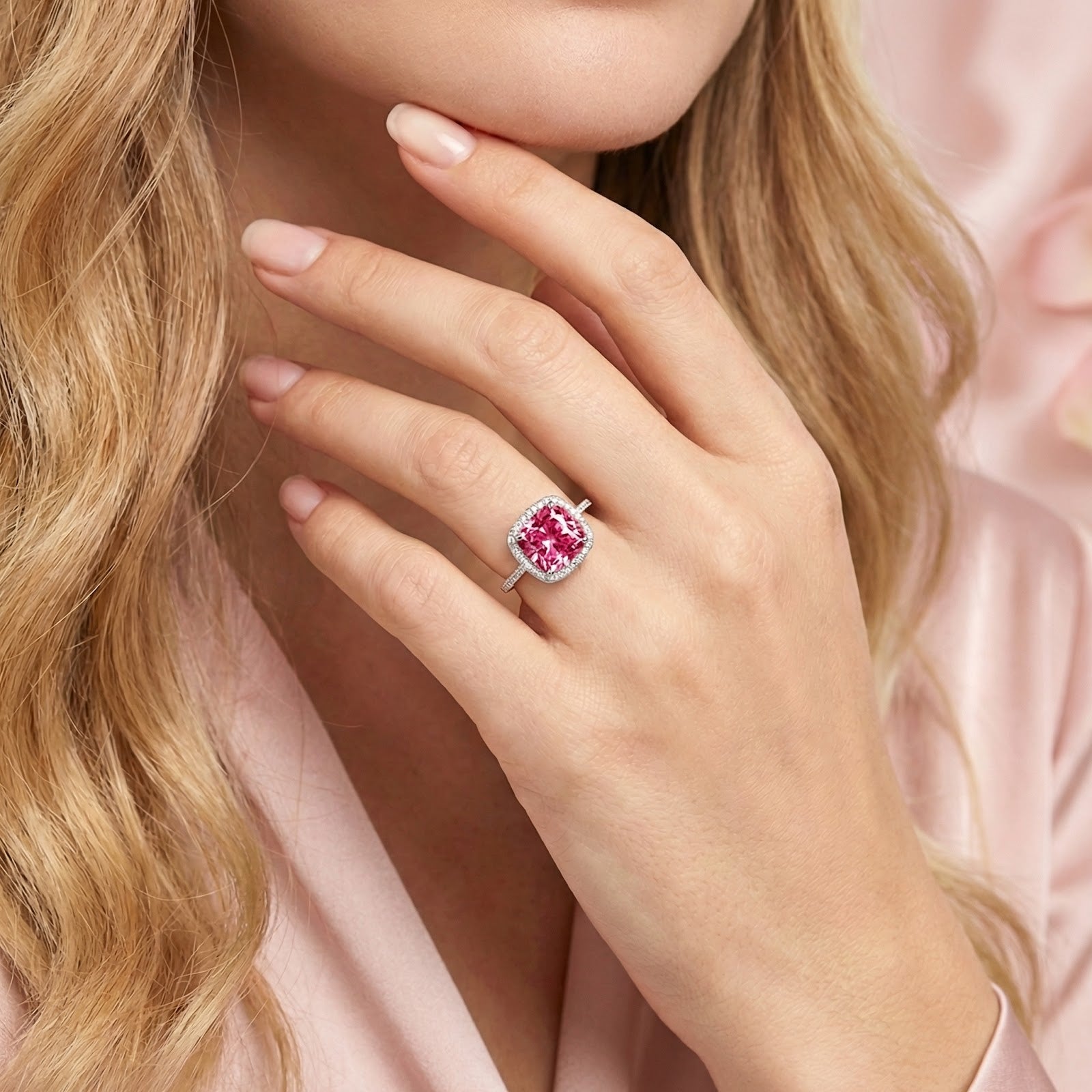 Sterling silver Rosamara halo ring with a cushion cut pink tourmaline worn on a model's hand.