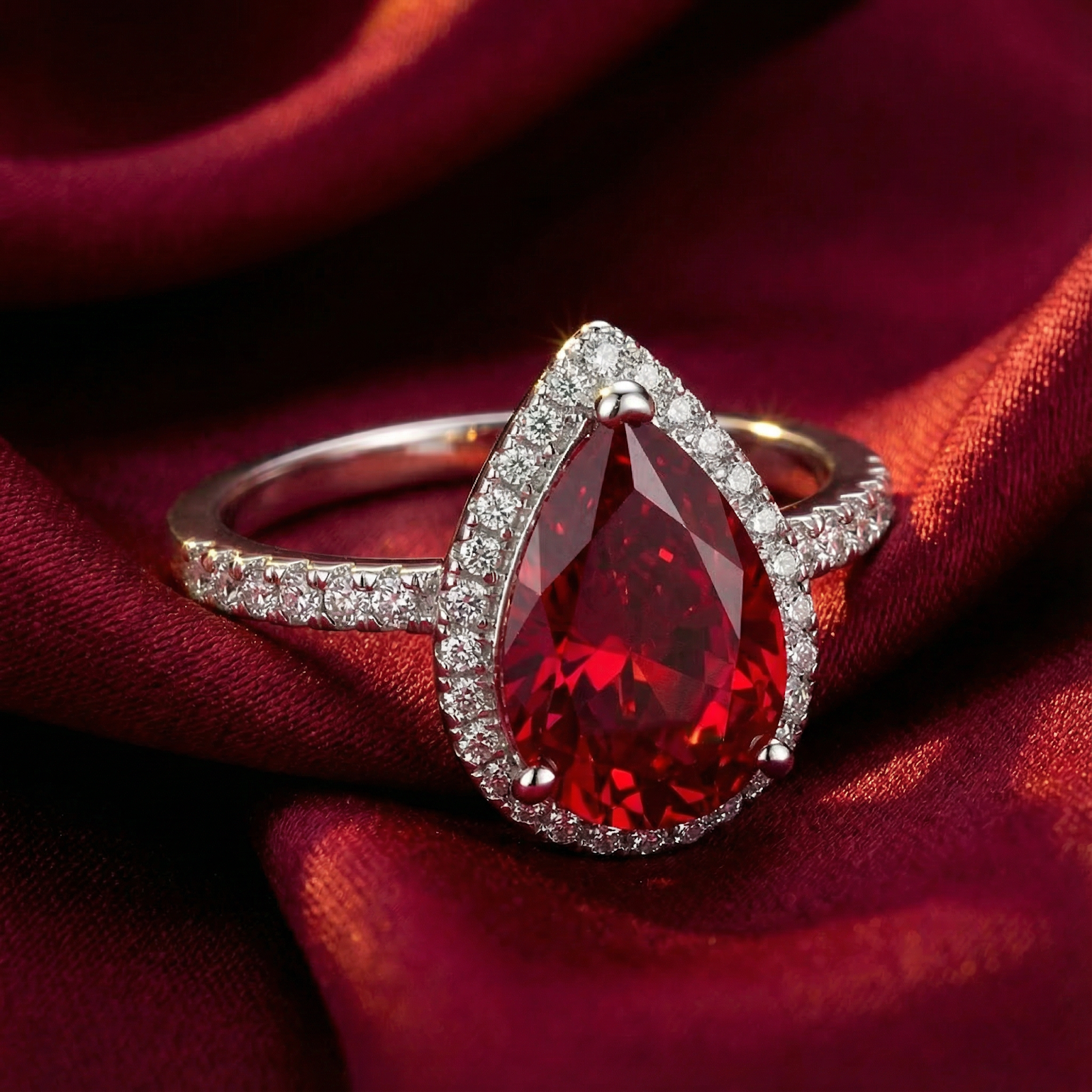 Angled view of the Lucerienne pear-cut ruby ring in rhodium-plated sterling silver on red silk.