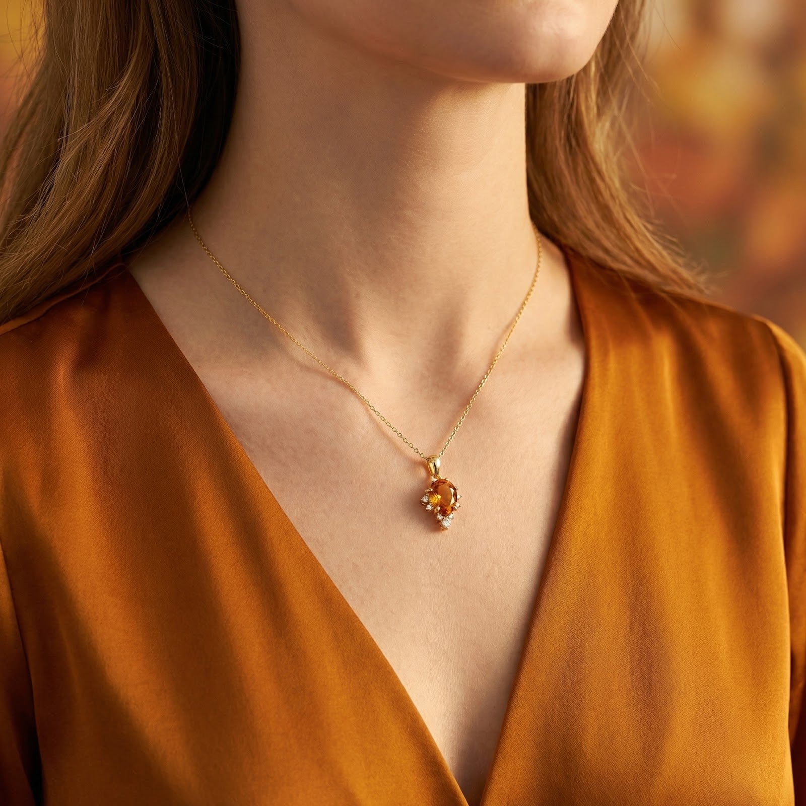 Model wearing the pear-cut honey topaz necklace in 18K gold vermeil, paired with an orange silk blouse.