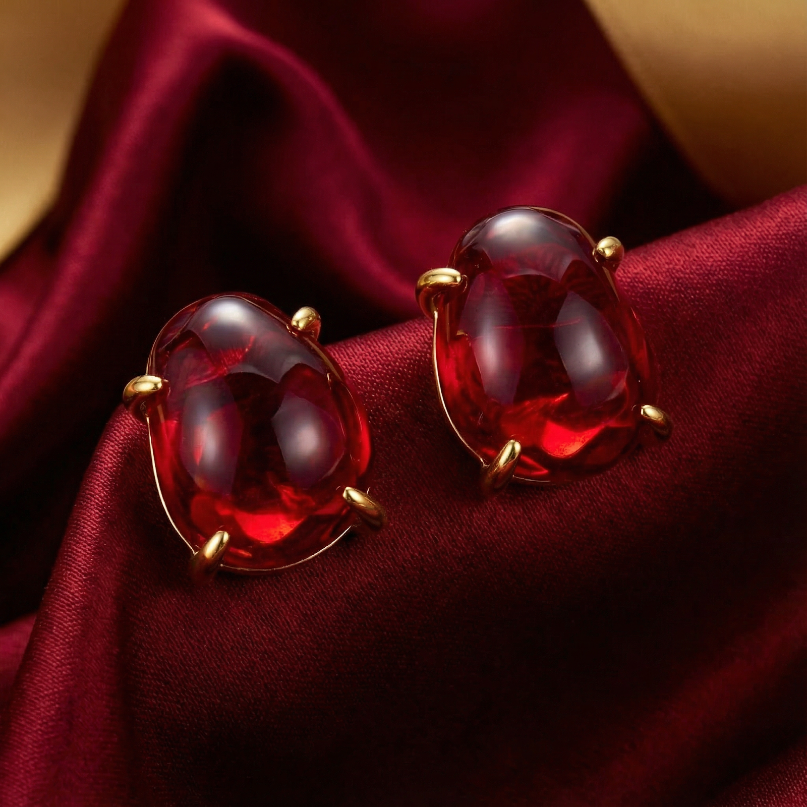 Macro view of the Rubina stud earrings showing the deep red simulated ruby stones and 18K gold vermeil prongs.