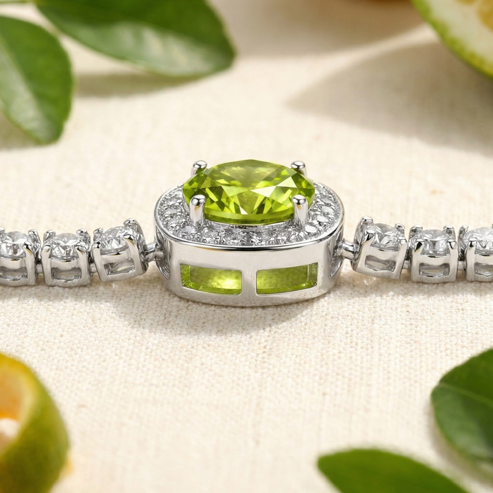 Close-up of the round simulated peridot in a sterling silver halo setting, showing the side gallery and tennis chain.
