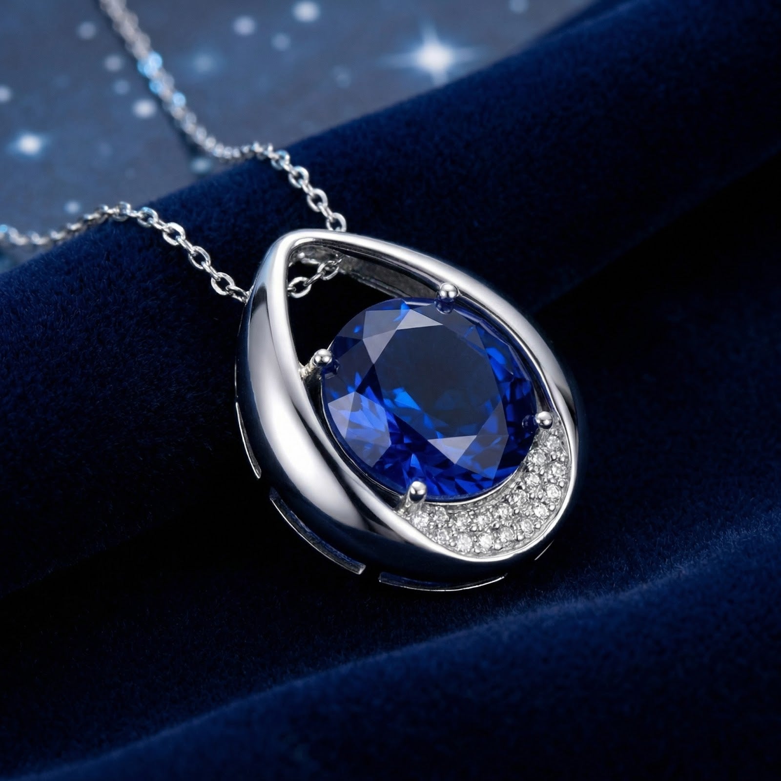 Close-up of the Marisara teardrop necklace with a round blue stone and sterling silver chain on velvet.