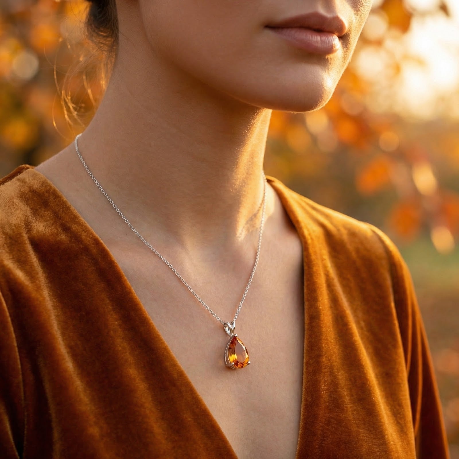 Lifestyle view of a woman wearing the sterling silver pear-cut honey moissanite necklace in an autumn setting.