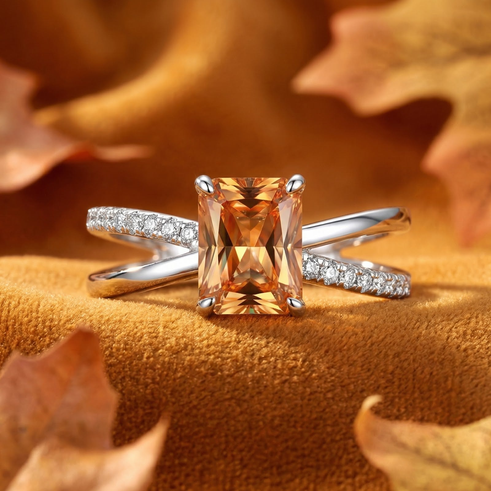 Front view of the radiant-cut simulated topaz twist ring in S925 sterling silver on an autumn lifestyle background.