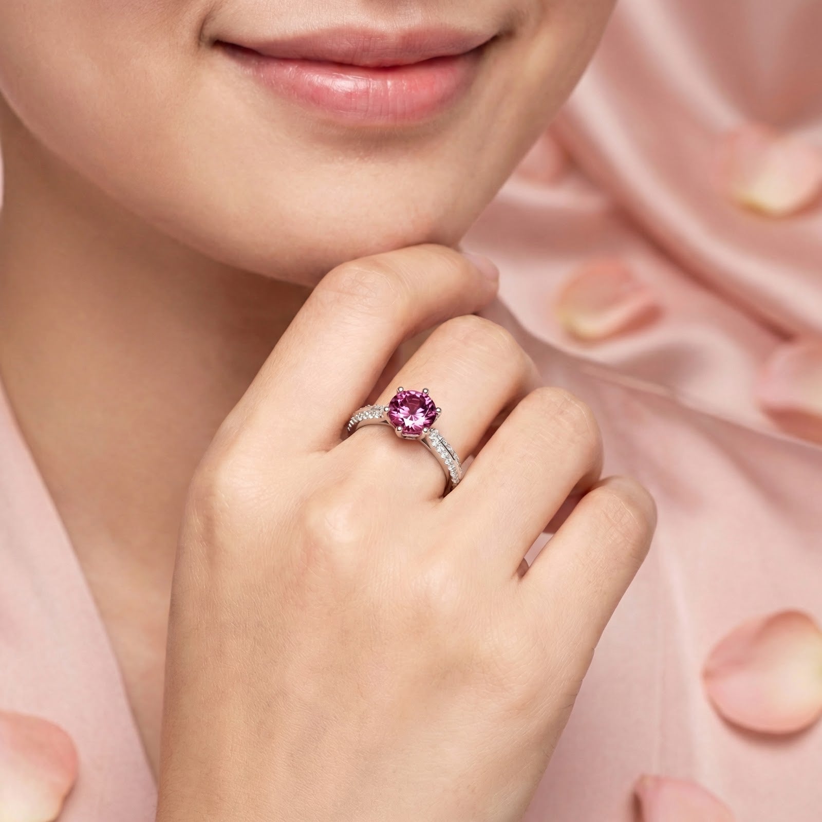 Model wearing the Rhosielle pink tourmaline solitaire ring in sterling silver on her ring finger.
