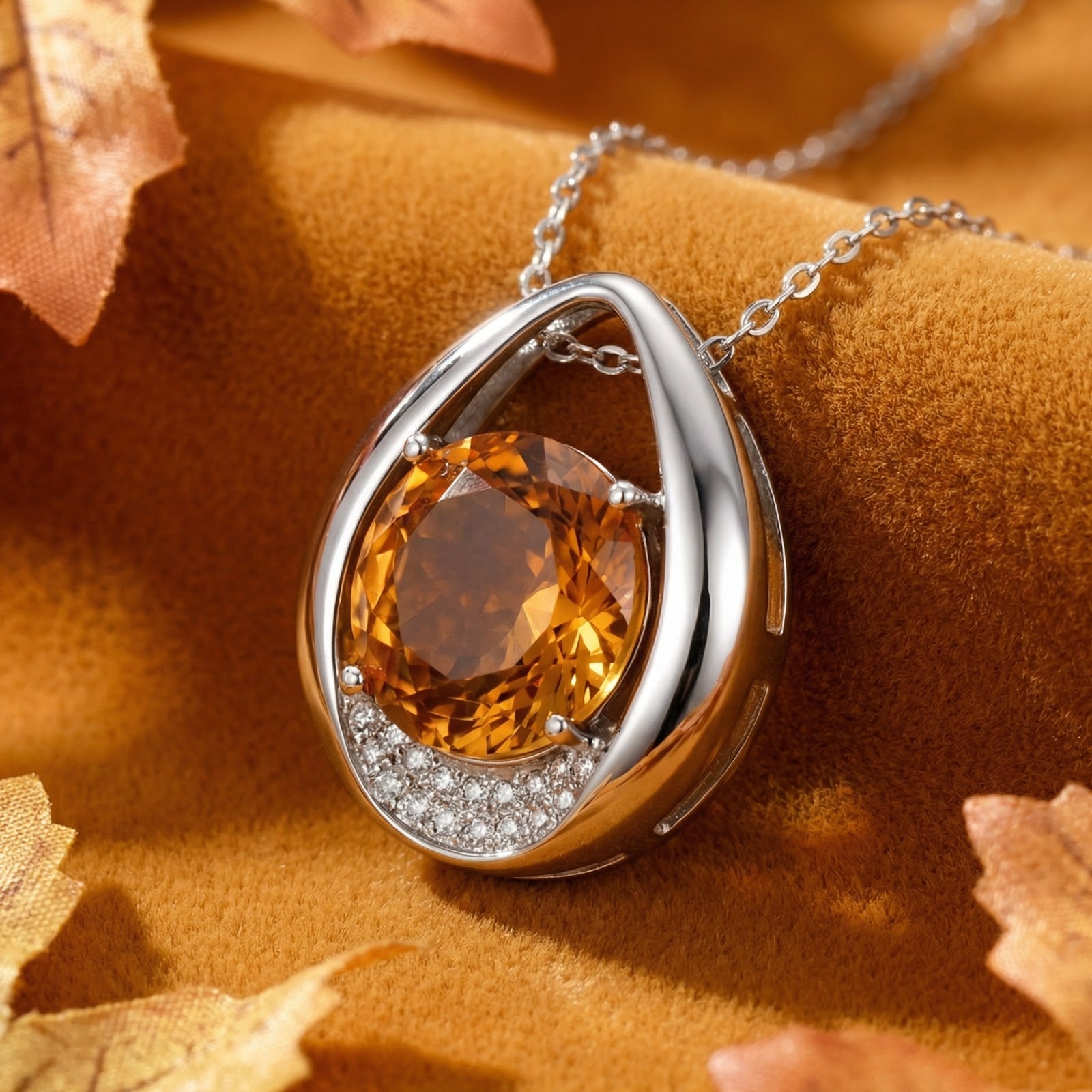 S925 sterling silver teardrop necklace with a round honeyed simulated topaz November birthstone on autumn leaves.