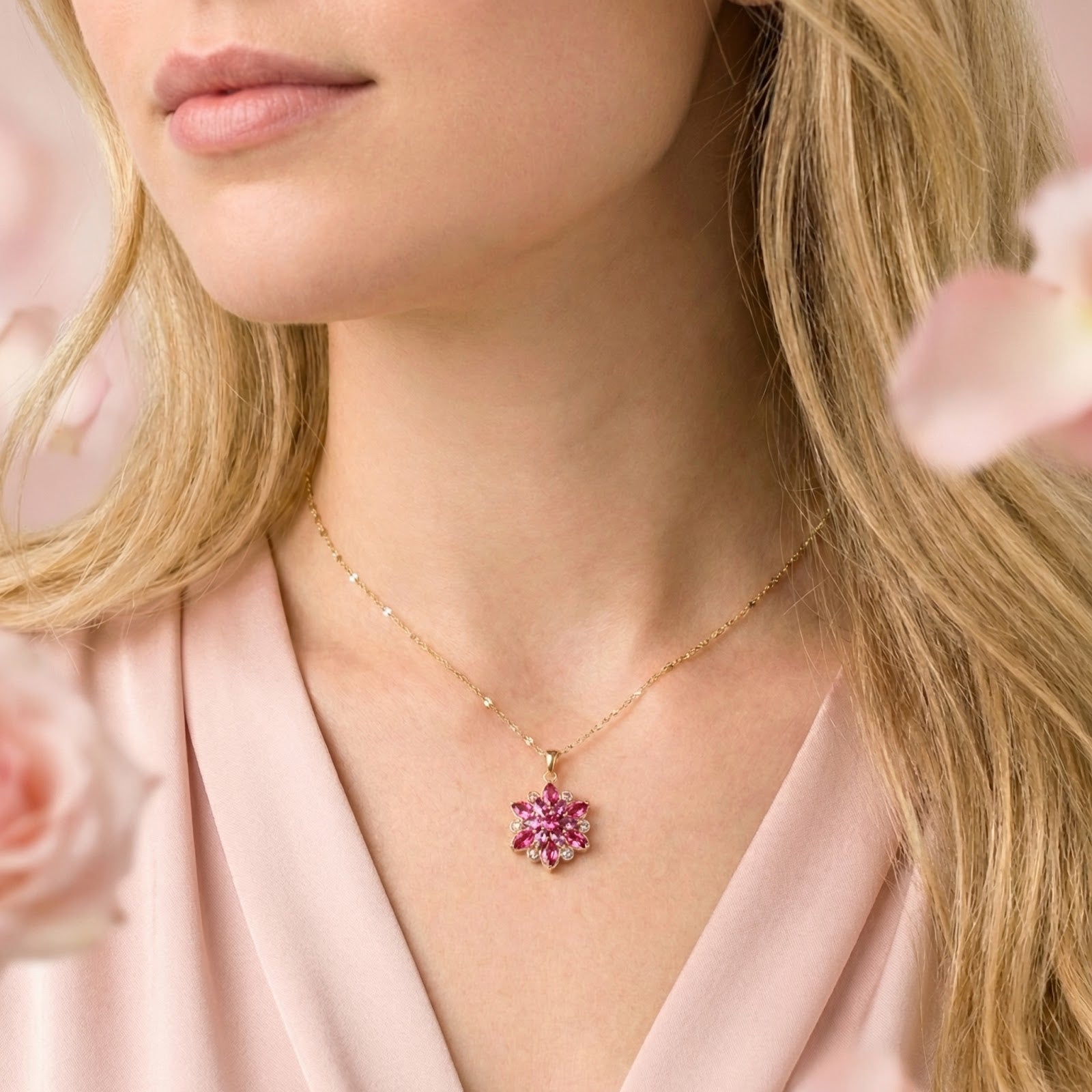 Model wearing the gold finish Floralise pendant with pink tourmaline stones on an adjustable chain.