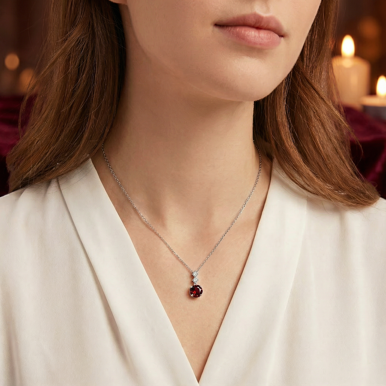 Woman wearing the silver Lucentia Radiant Drop necklace with a round red garnet pendant on a delicate chain.