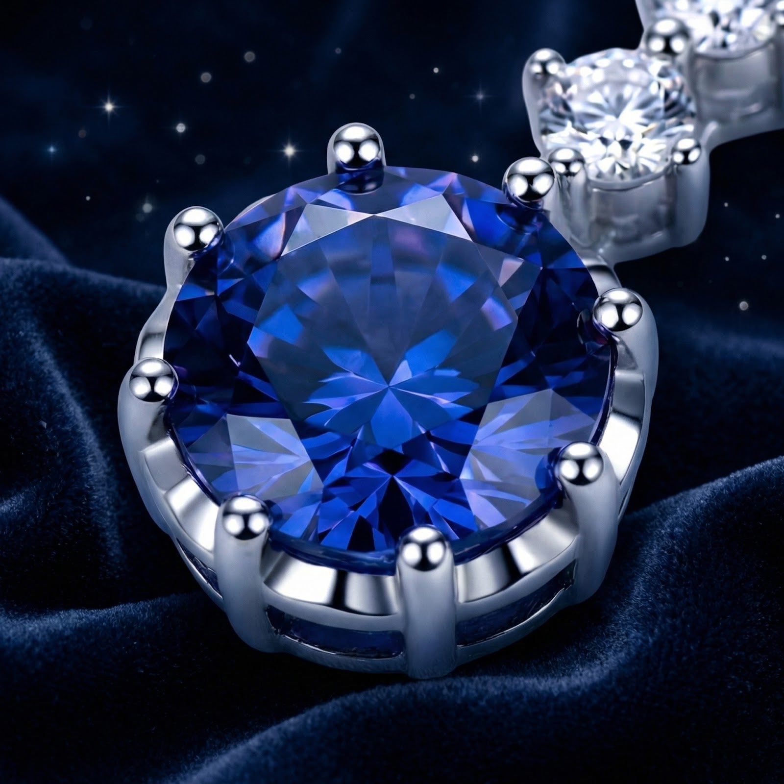 Macro view of a precision-cut round royal blue simulated sapphire in a sterling silver prong setting.