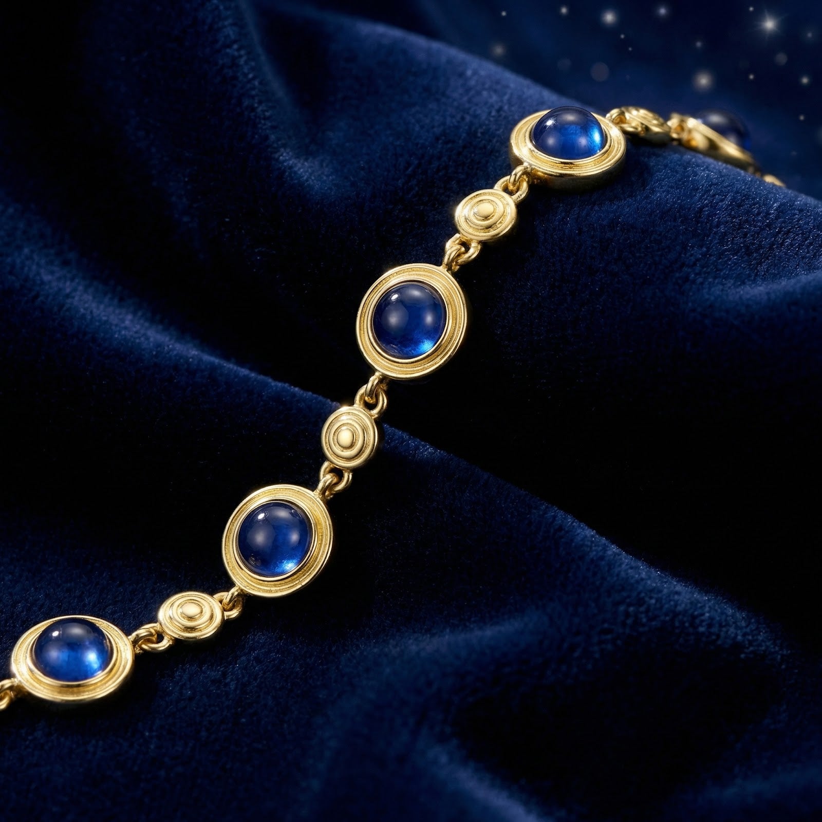 Macro view of round cabochon simulated sapphires in 18K gold vermeil bezel settings.