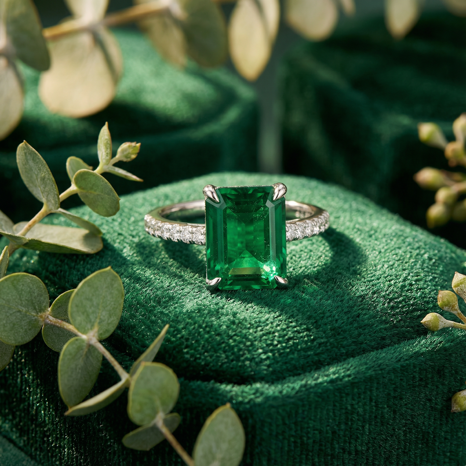 Angled view of a forest green emerald-cut ring in sterling silver on a green velvet cushion with leaves.