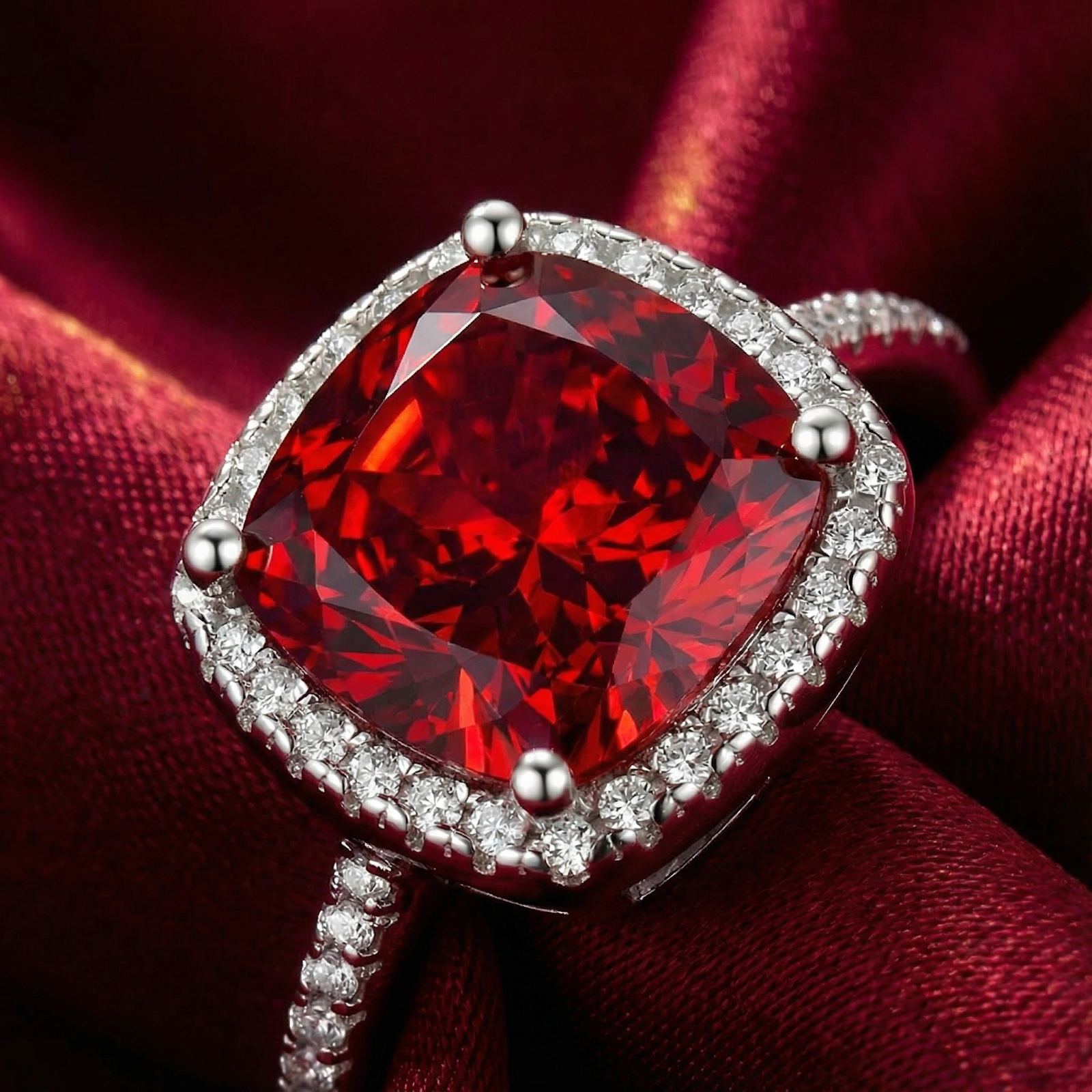 Macro detail of a cushion-cut pigeon blood simulated ruby and diamond-simulant halo in sterling silver.