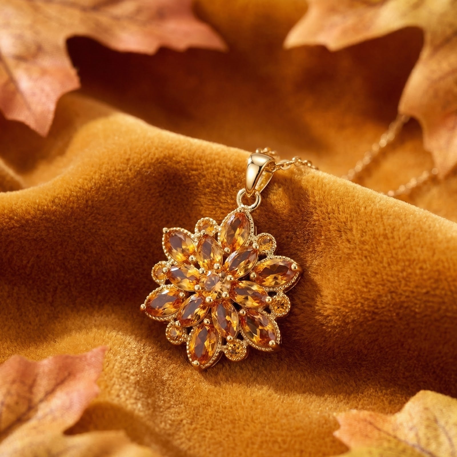 Close-up of marquise-cut simulated topaz stones in a gold stainless steel flower-shaped pendant.