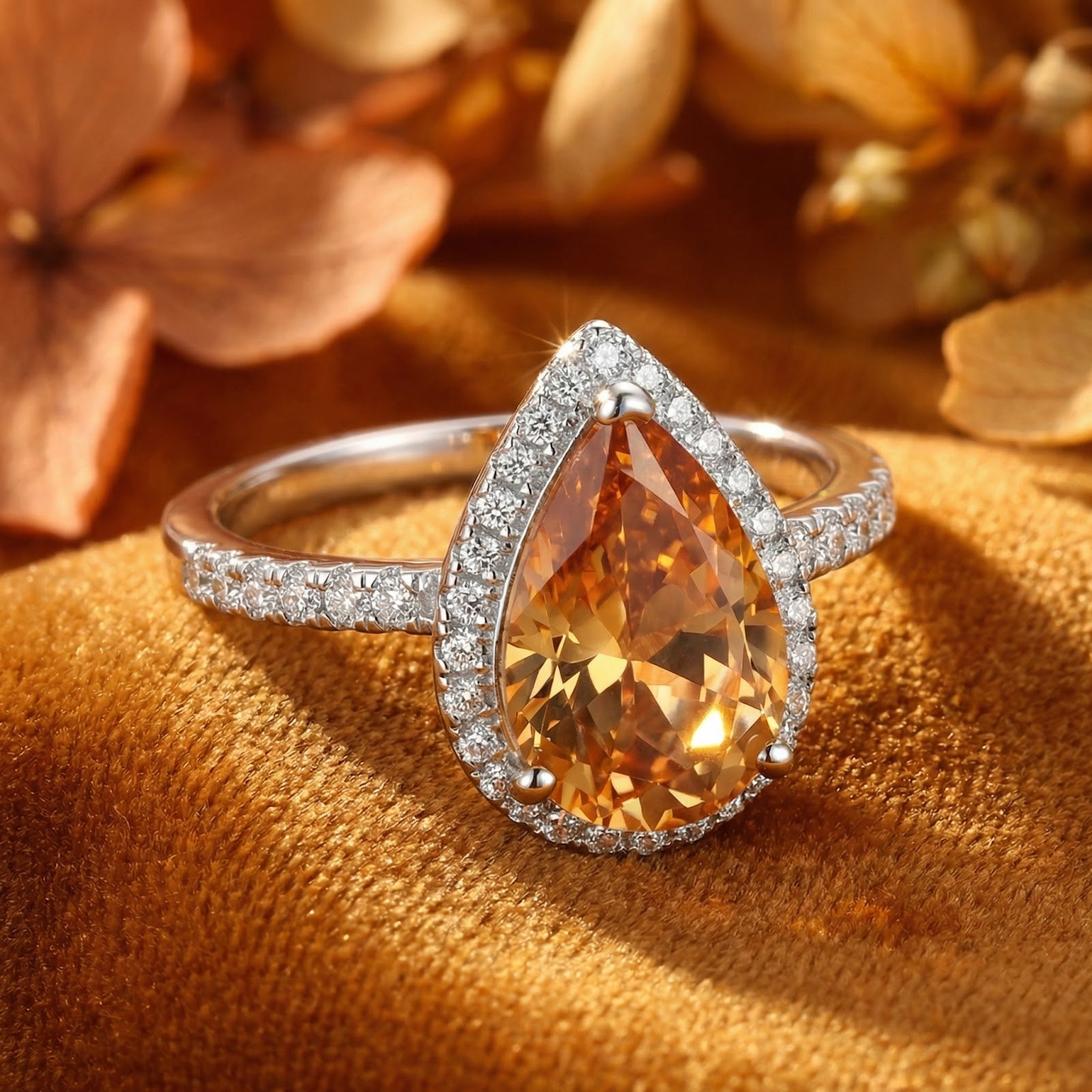 Angled view of the pear-cut simulated topaz ring in sterling silver, highlighting the halo and pavé band on velvet.