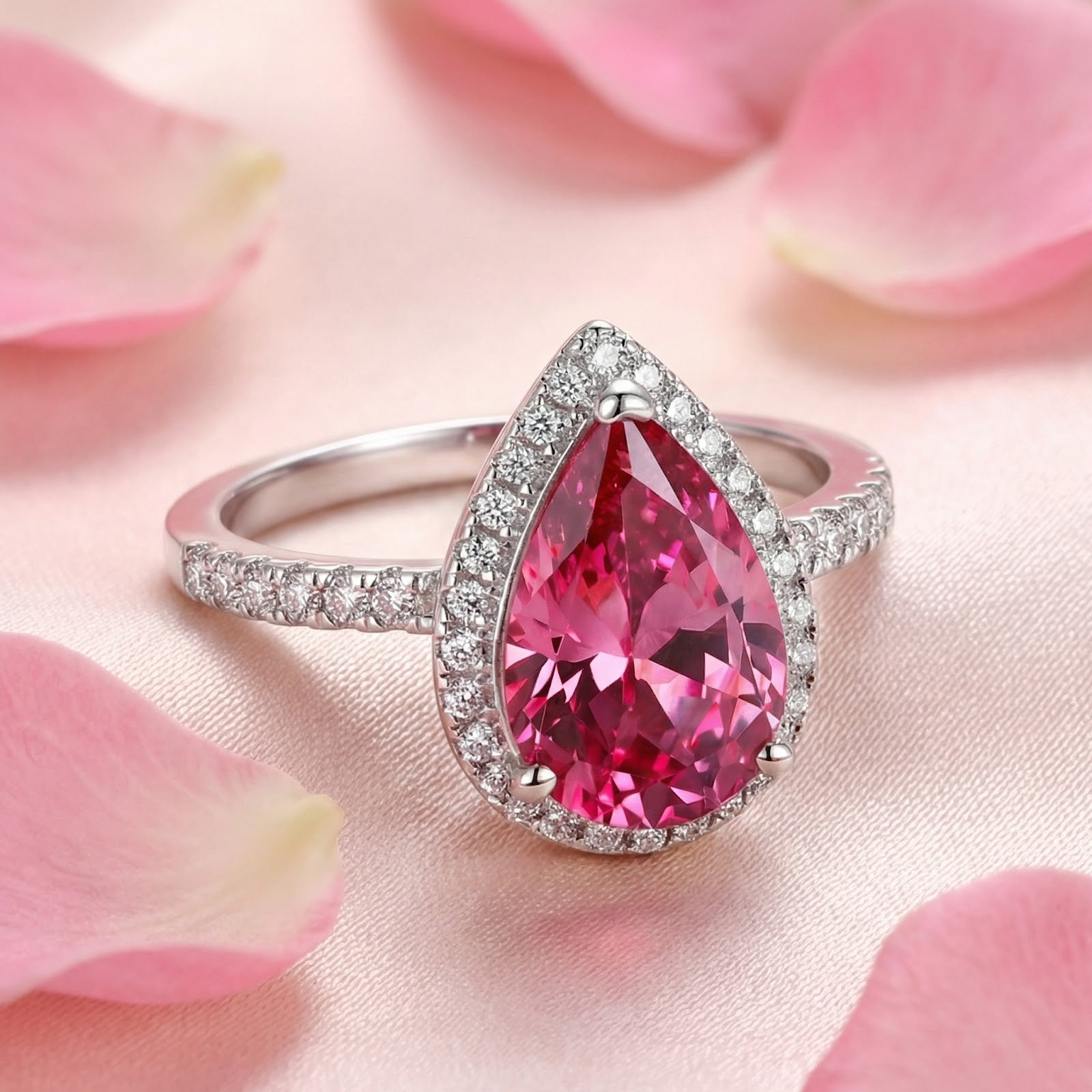 Angled view of the Valerienne pear-cut pink tourmaline halo ring in sterling silver on pink fabric.