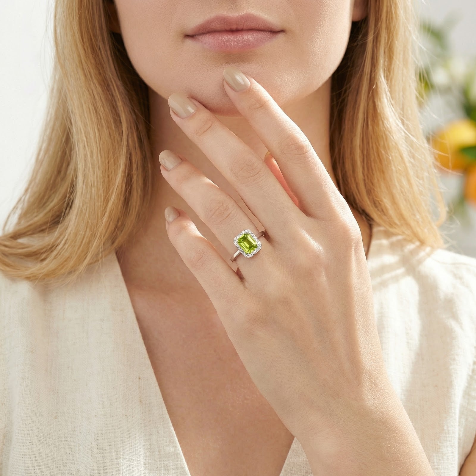 Woman wearing the Sidraea octagon cut yellow-green simulated peridot ring in sterling silver on her finger.