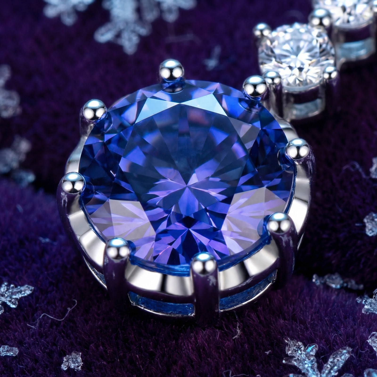 Macro view of a round cut simulated tanzanite stone in a sterling silver prong setting.