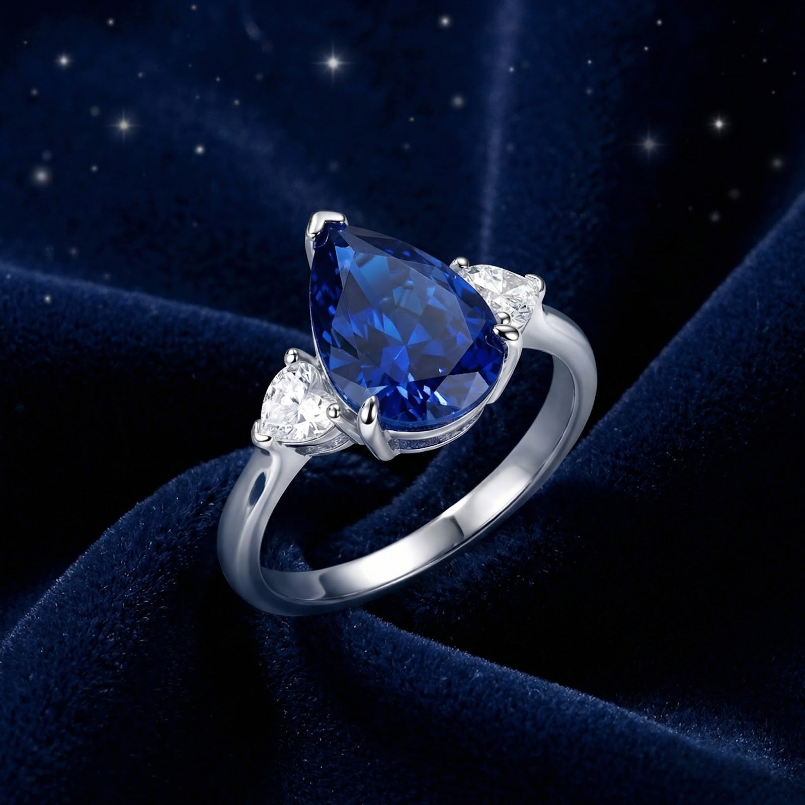 Side profile of the pear-cut blue sapphire sterling silver ring with trillion side stones on blue fabric.