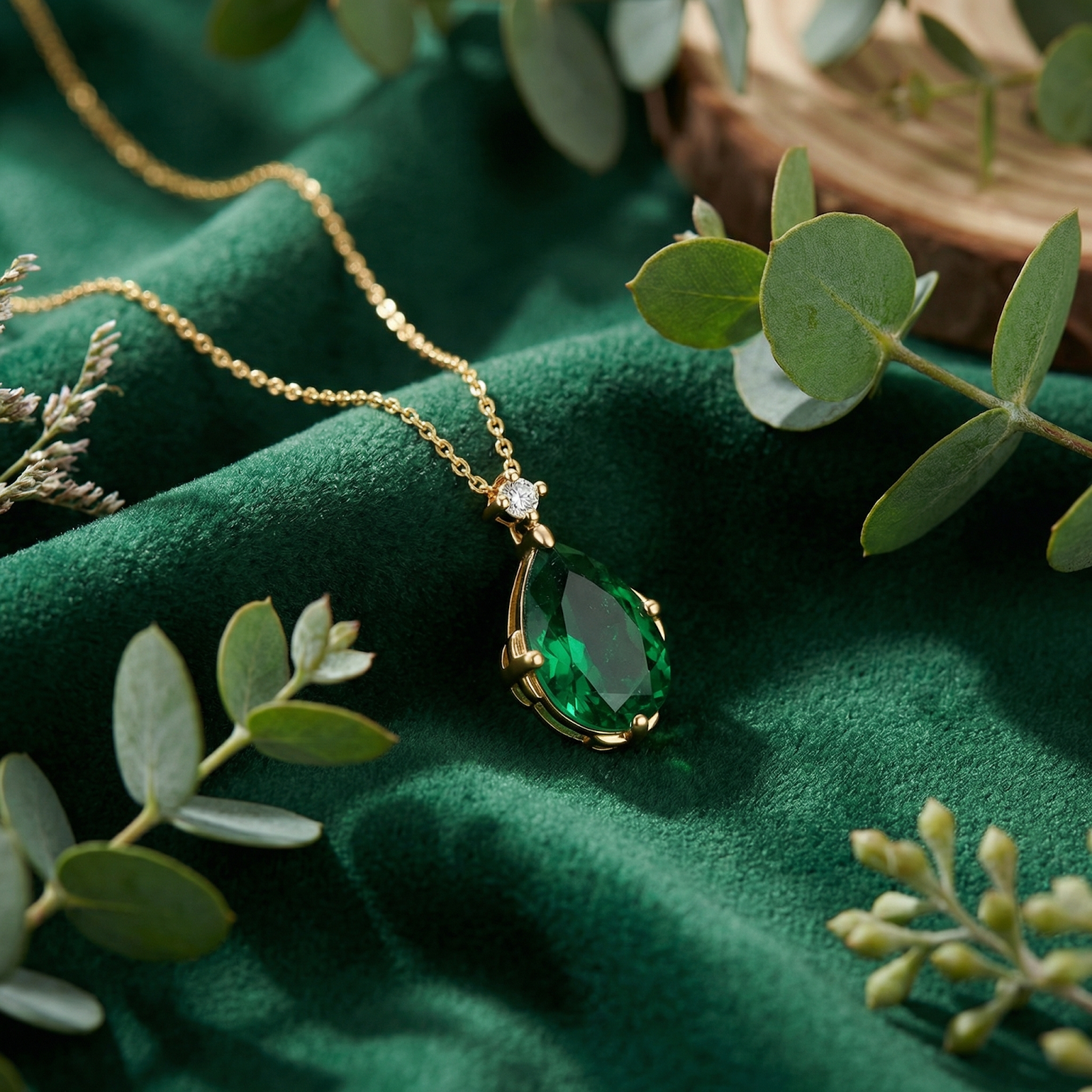 Close-up of a pear cut simulated emerald pendant on a gold chain, styled on green velvet with greenery.