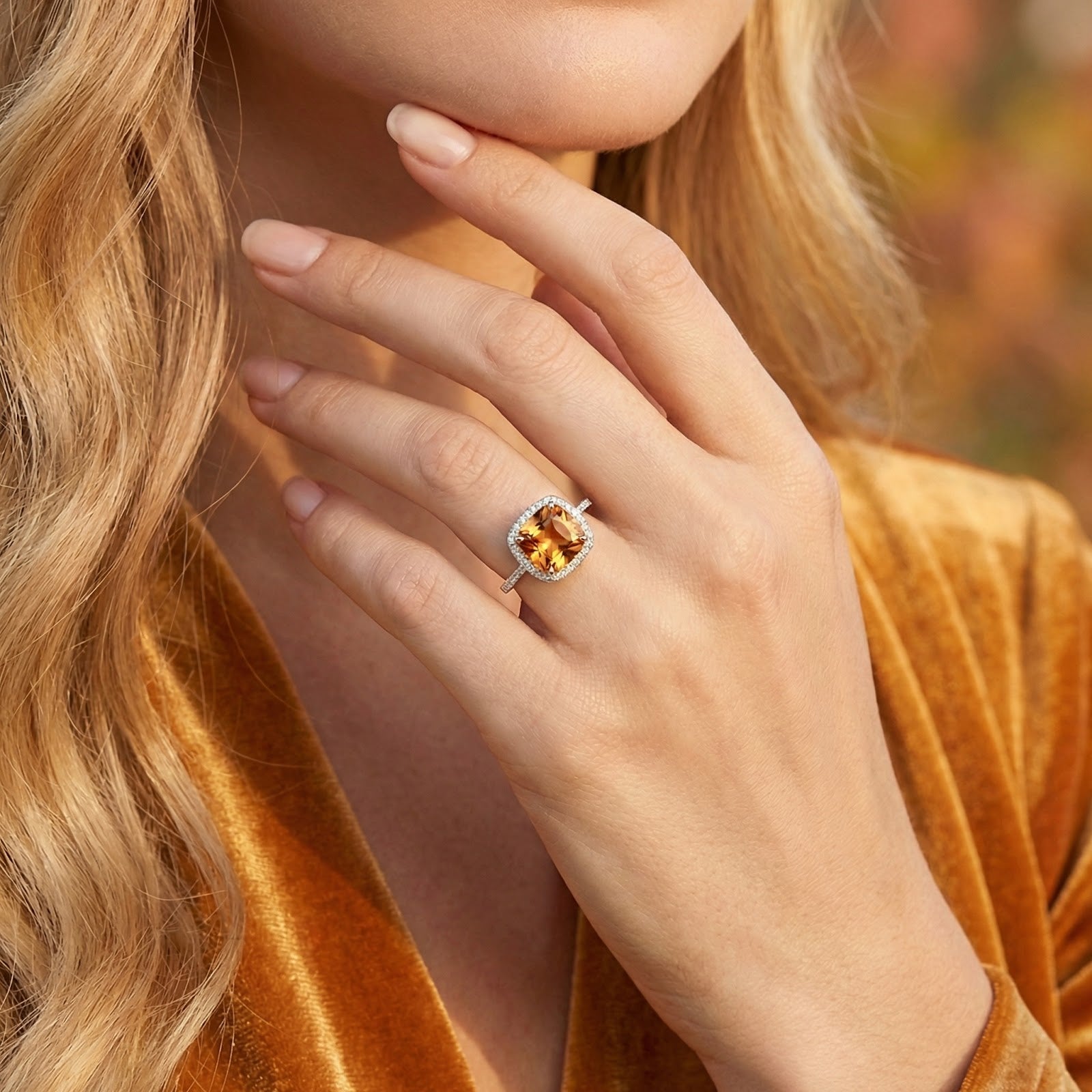 Woman wearing the Bellaraea cushion-cut simulated topaz ring in S925 sterling silver on her finger.