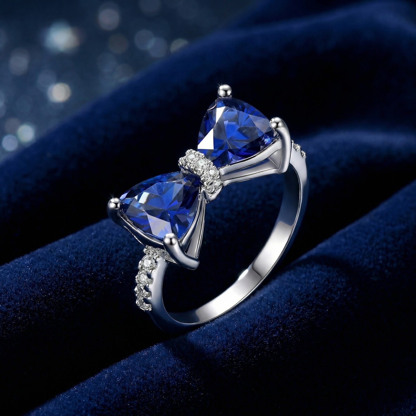 Angled view of the S925 sterling silver Marcelle bow ring with trillion-cut blue simulated sapphires on velvet.