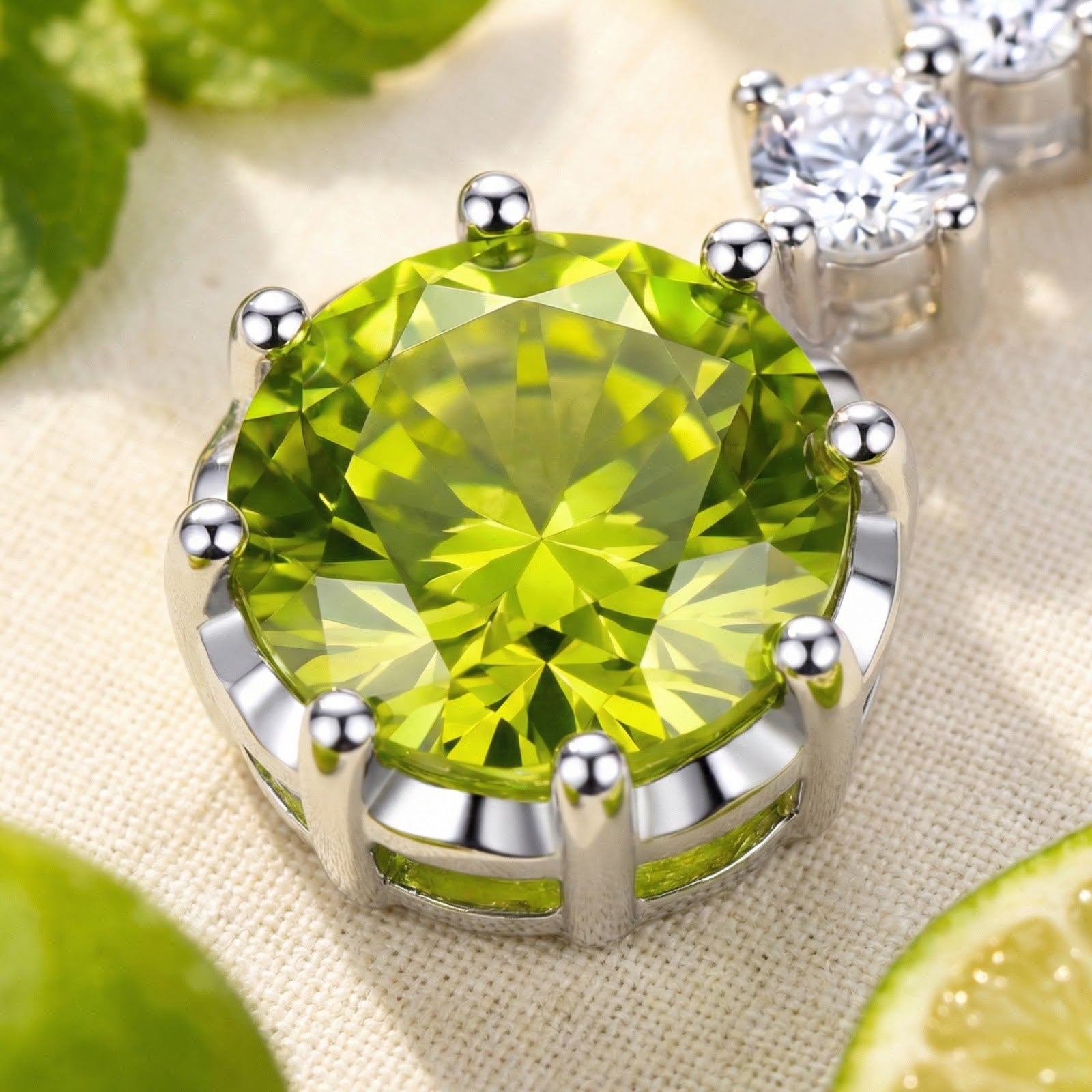Macro view of a round-cut simulated peridot in a silver prong setting, highlighting its lime-green color.
