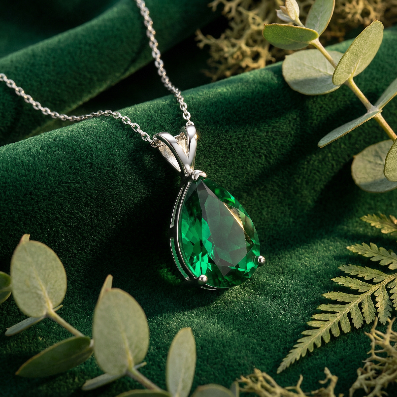 Pear-cut green moissanite necklace in S925 sterling silver on green velvet with botanical accents.