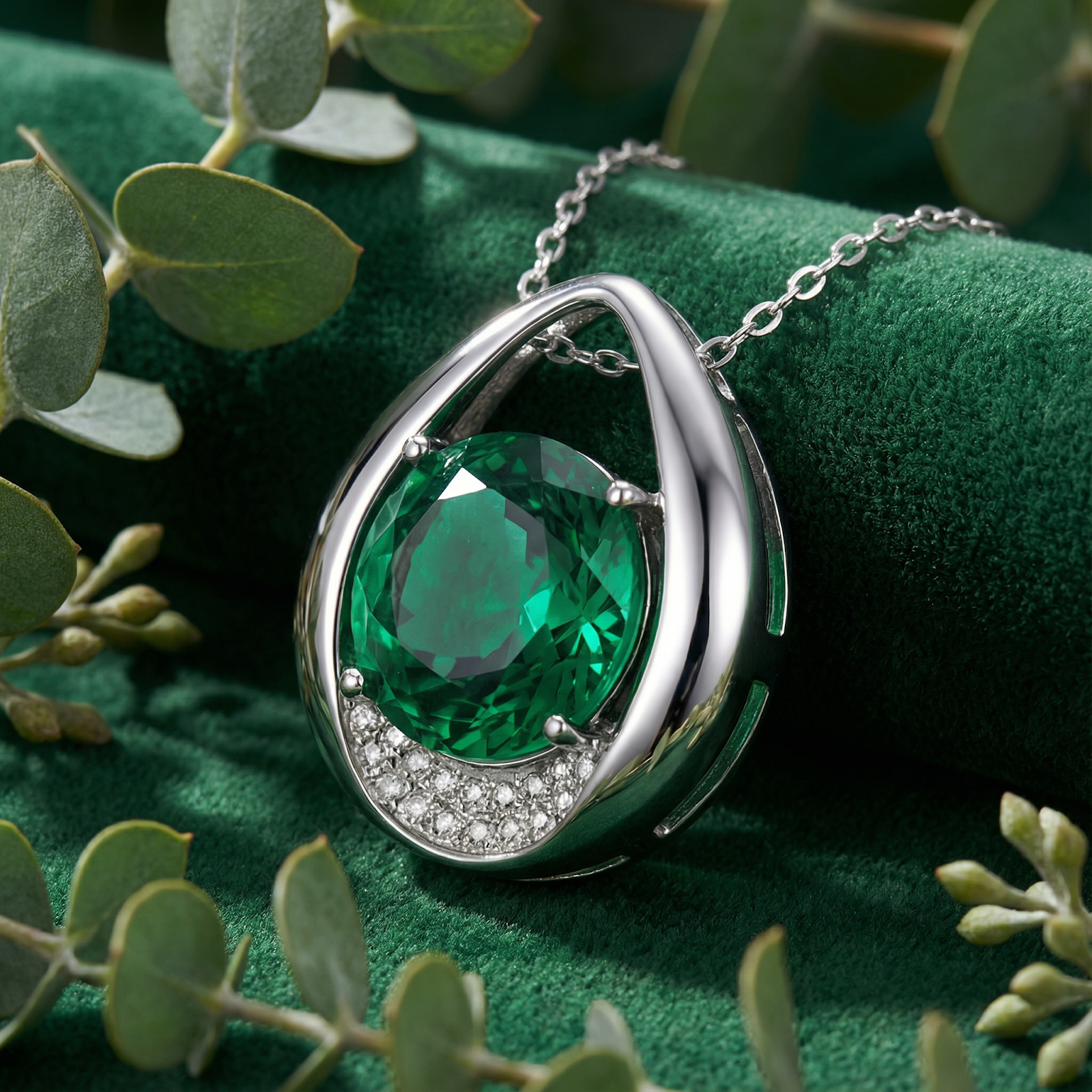 S925 sterling silver teardrop necklace with a round green simulated emerald on green velvet with eucalyptus leaves.