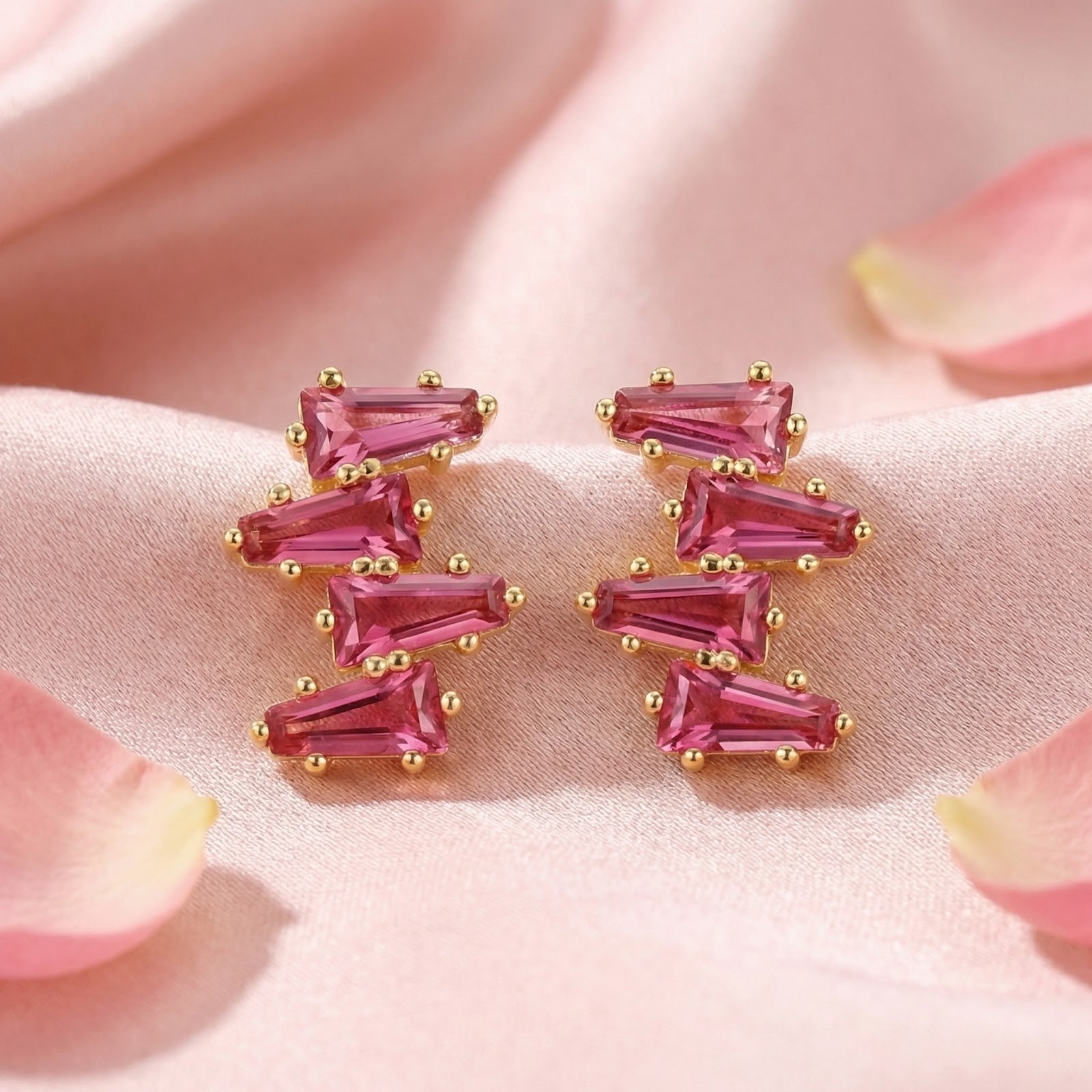 Front view of Thalissa Cascade gold vermeil earrings with staggered pink tourmaline baguette stones.