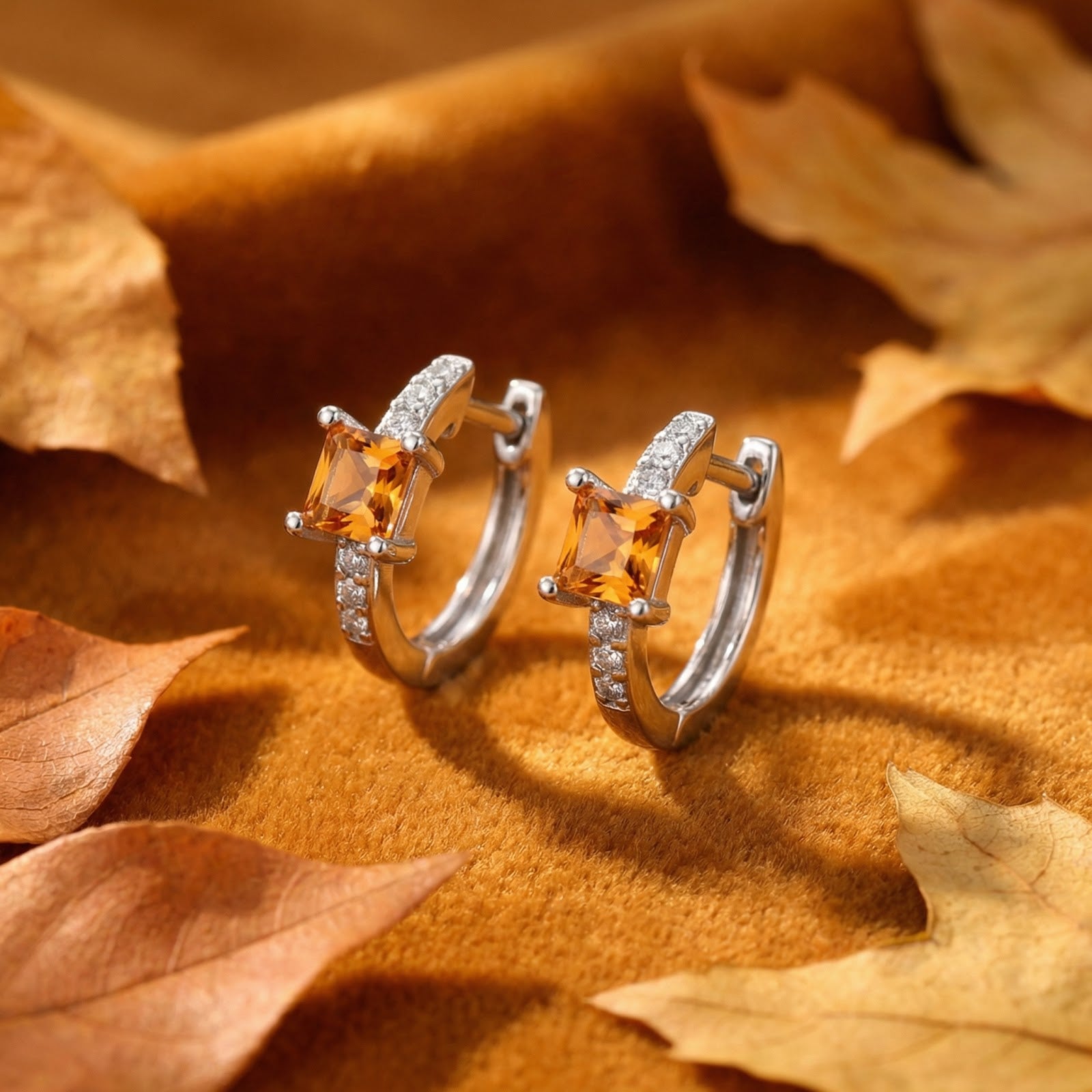 Pair of silver huggie earrings featuring square-cut orange topaz stones displayed on warm autumn-themed fabric.