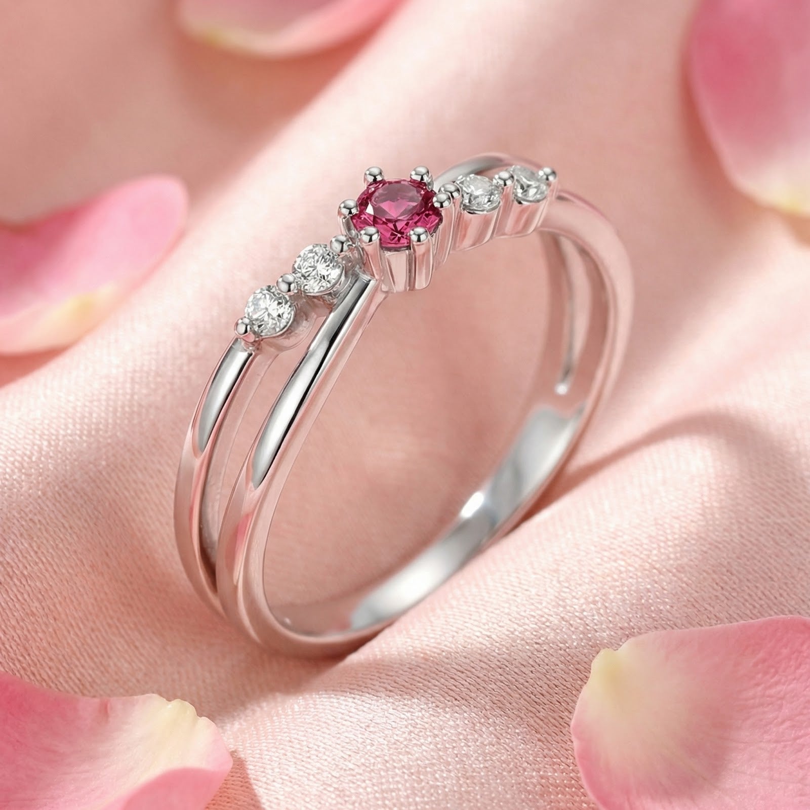 Angled macro view of the S925 sterling silver Elisanthe twist ring with a round-cut raspberry pink tourmaline.