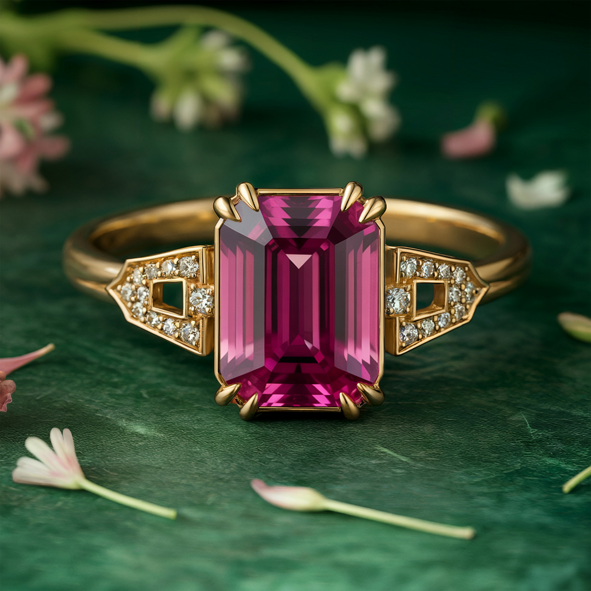 3CT Red Emerald Cut Moissanite Diamond Engagement Ring in 18K 