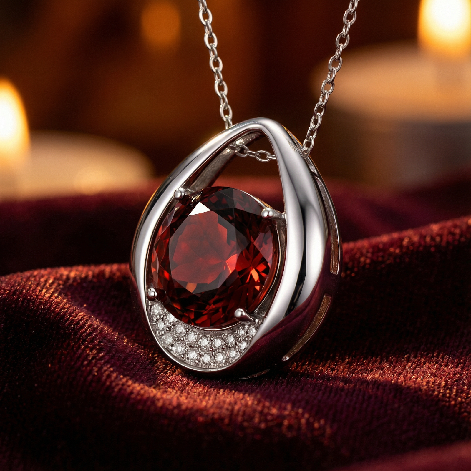 Macro view of a round cut Bohemian Red simulated garnet in a sterling silver teardrop halo necklace.