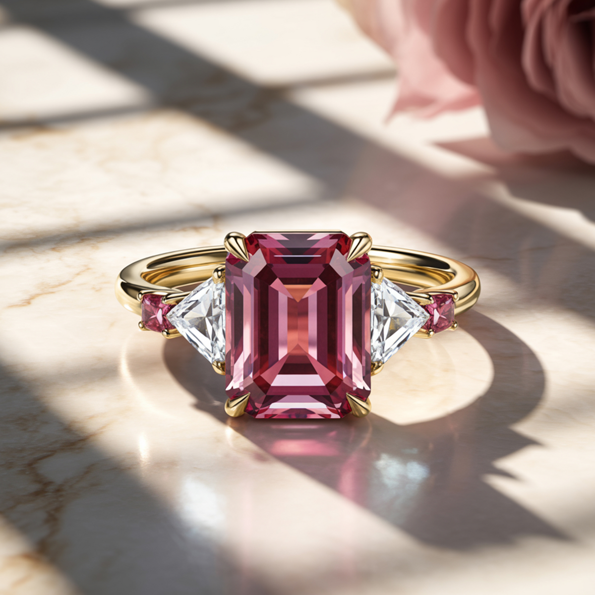 2CT Red Emerald Cut Moissanite Diamond Engagement Ring | Three 