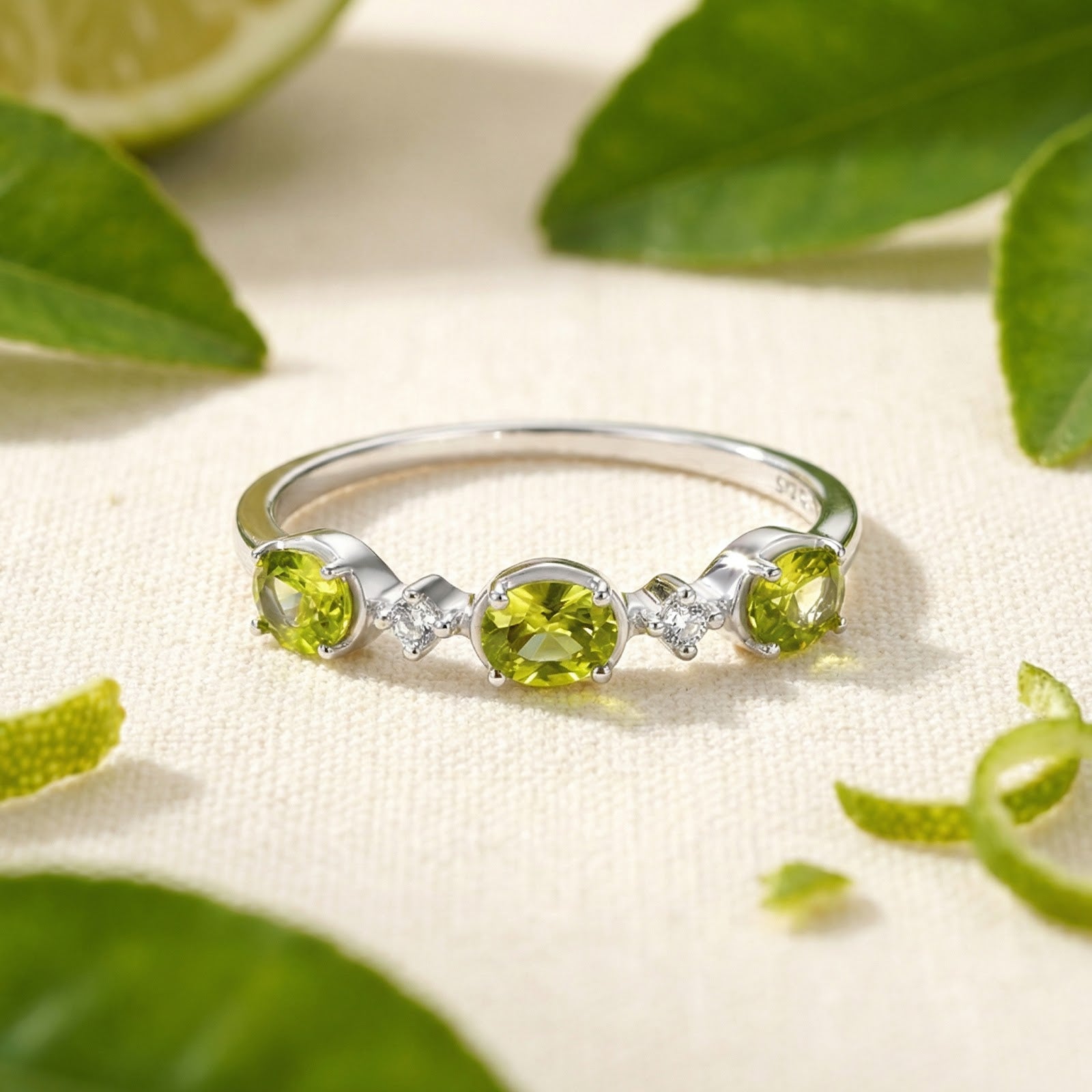 S925 sterling silver Mirabelle bypass ring with oval-cut simulated peridots on a lifestyle background with lime.