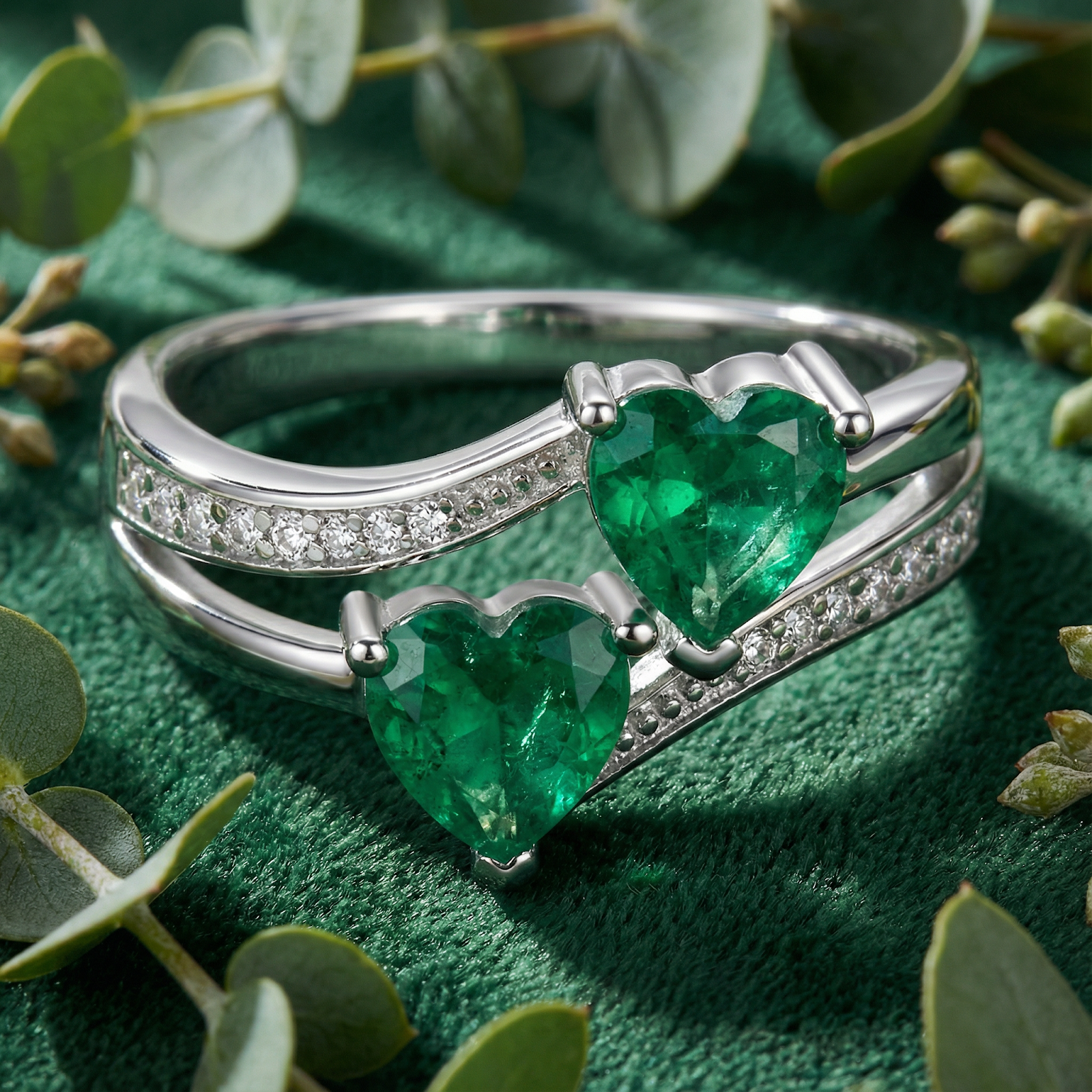 S925 sterling silver bypass ring with two heart-cut simulated emeralds on green velvet with eucalyptus leaves.