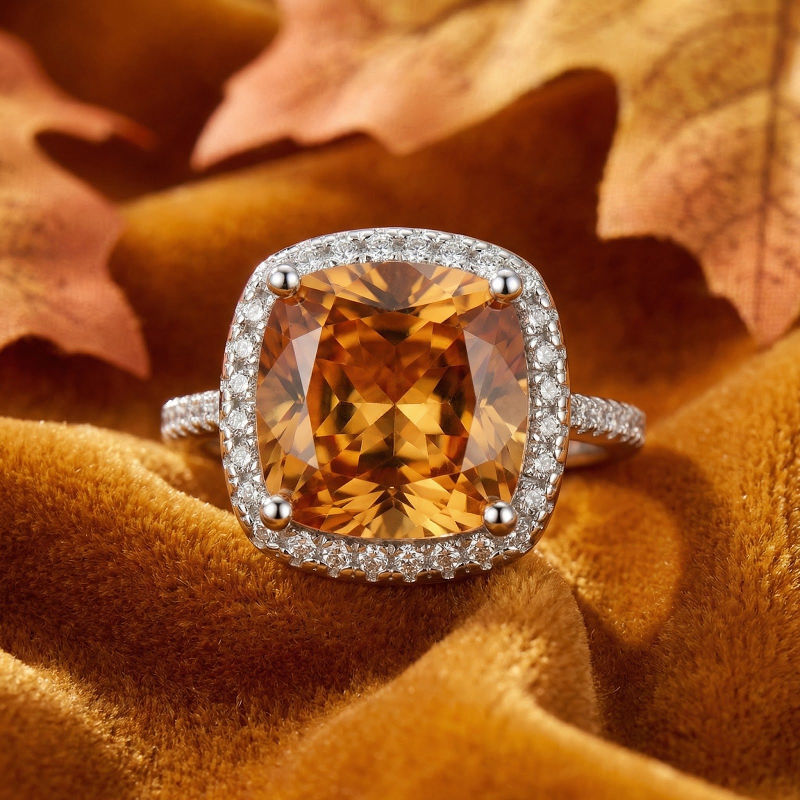 Macro shot of the cushion-cut simulated topaz and halo setting on an S925 sterling silver ring.