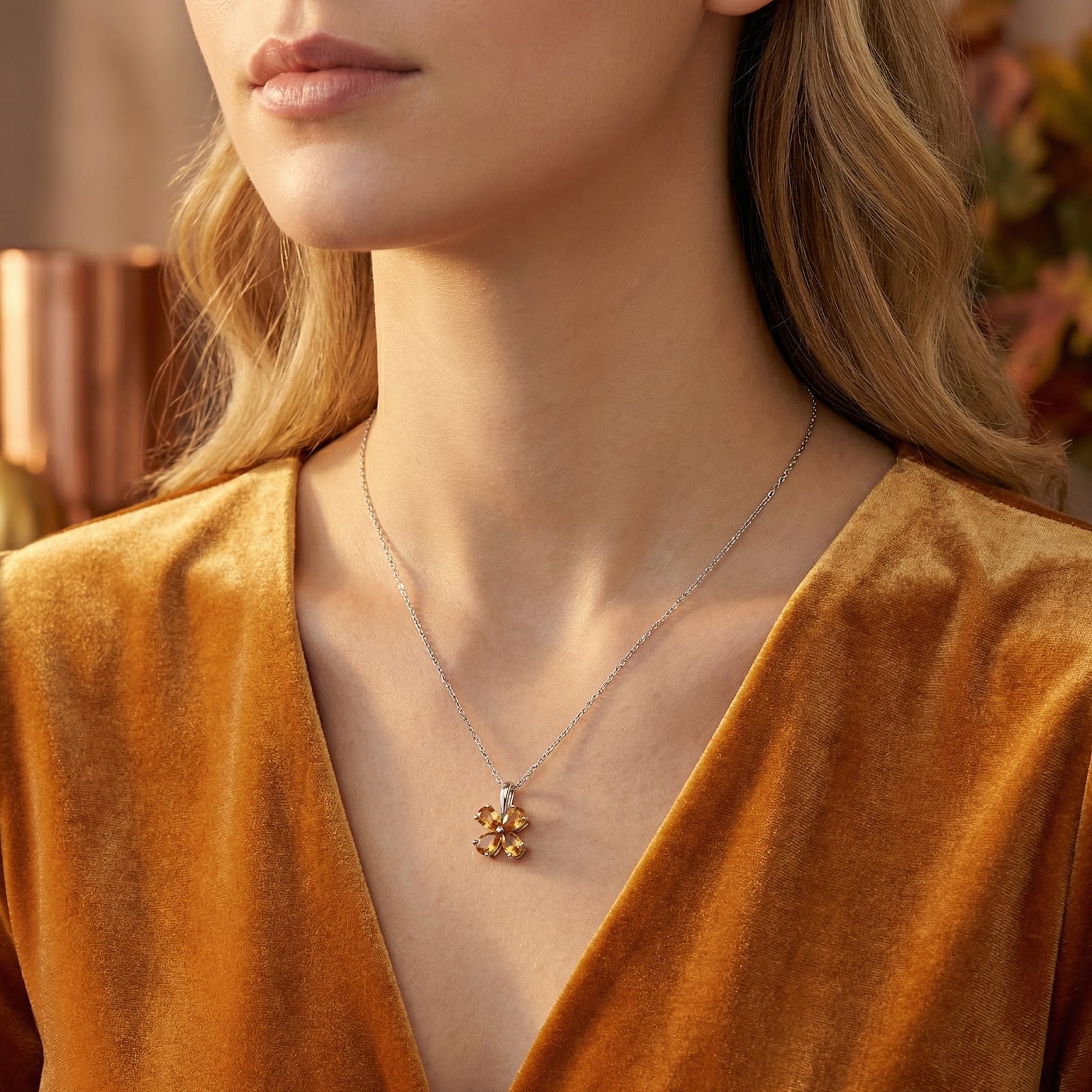 Model wearing the silver Kyrianise Blossom necklace with pear-cut orange simulated topaz stones on a silver chain.