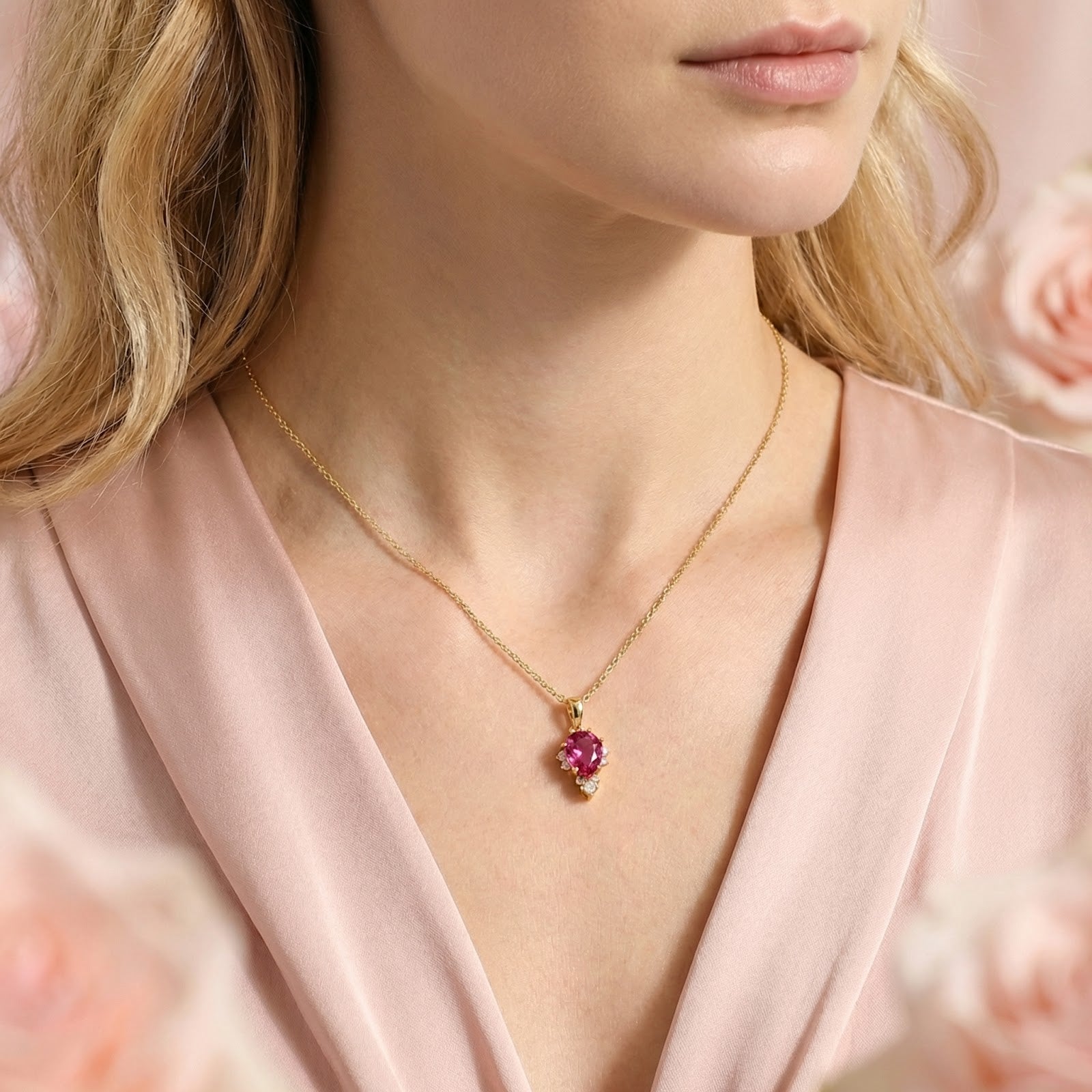 Model wearing the pear-cut simulated pink tourmaline gold vermeil necklace styled with pink roses.