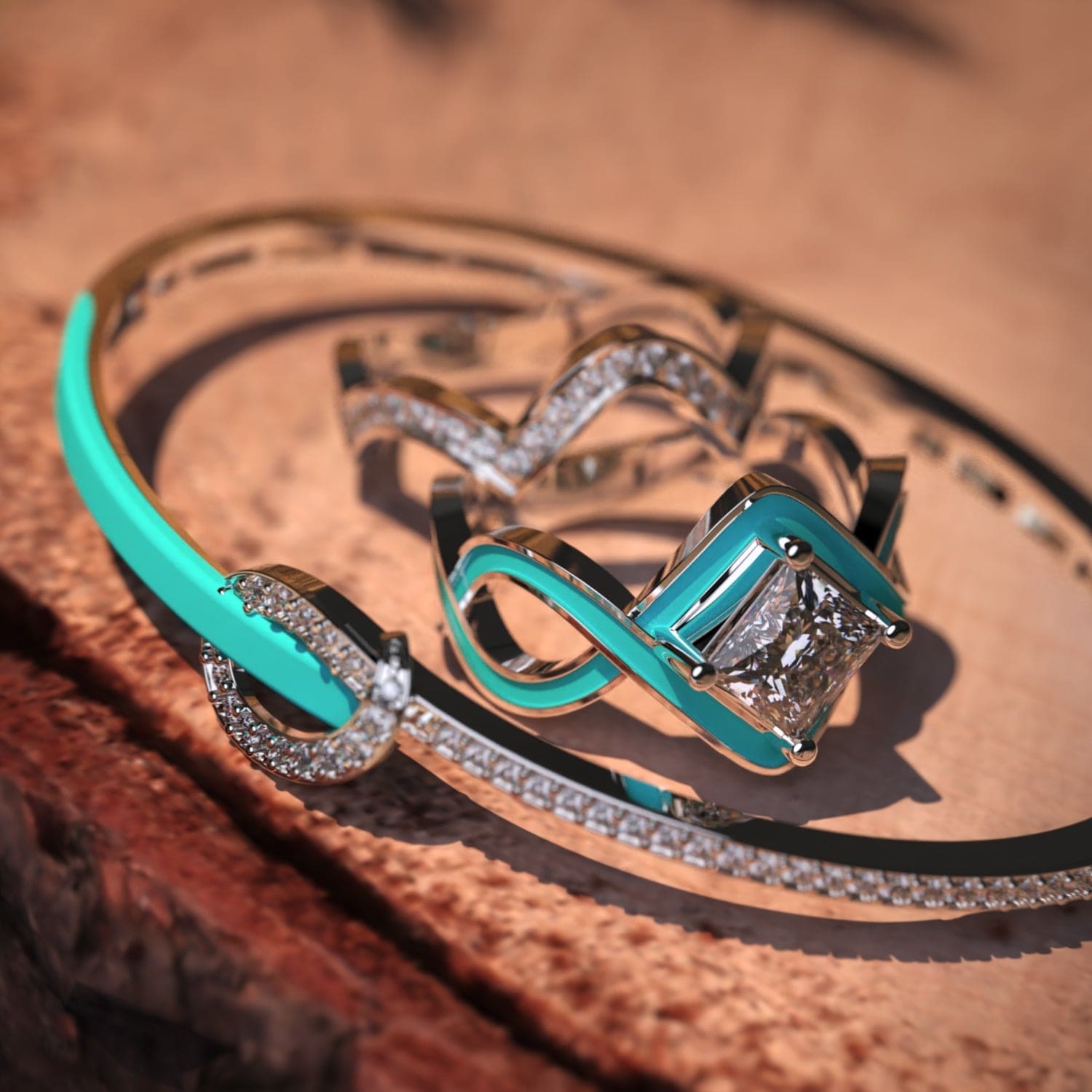 Die Ozeanwelle: 2-teiliges Ring- und Armbandset – S925 Sterling Silber