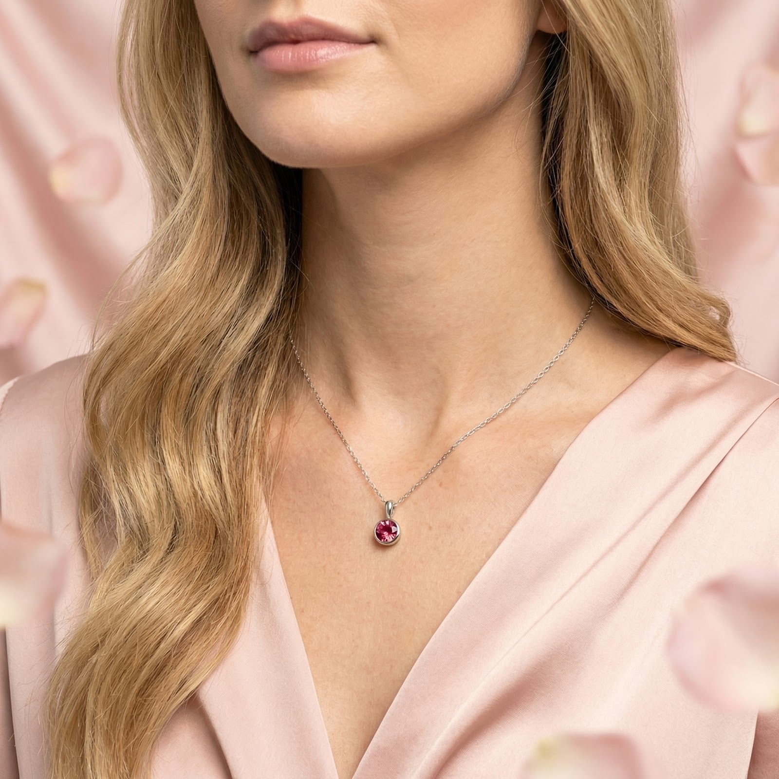 S925 sterling silver necklace featuring a round simulated pink tourmaline pendant worn by a model in a pink dress.